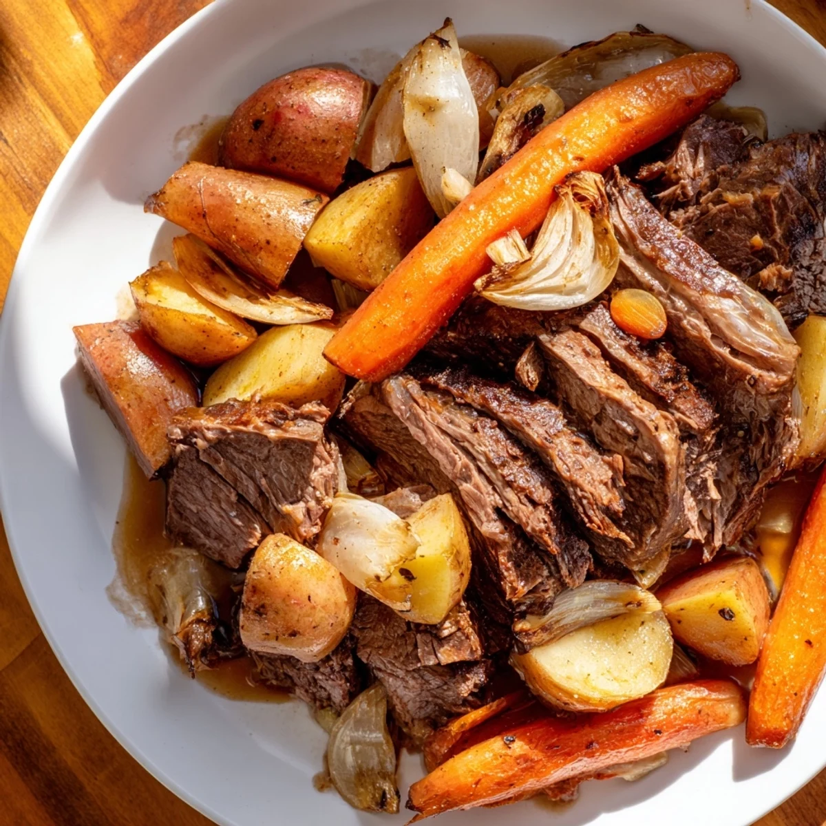 Tender Sunday Pot Roast with perfectly roasted vegetables, ready to be sliced, steaming hot.