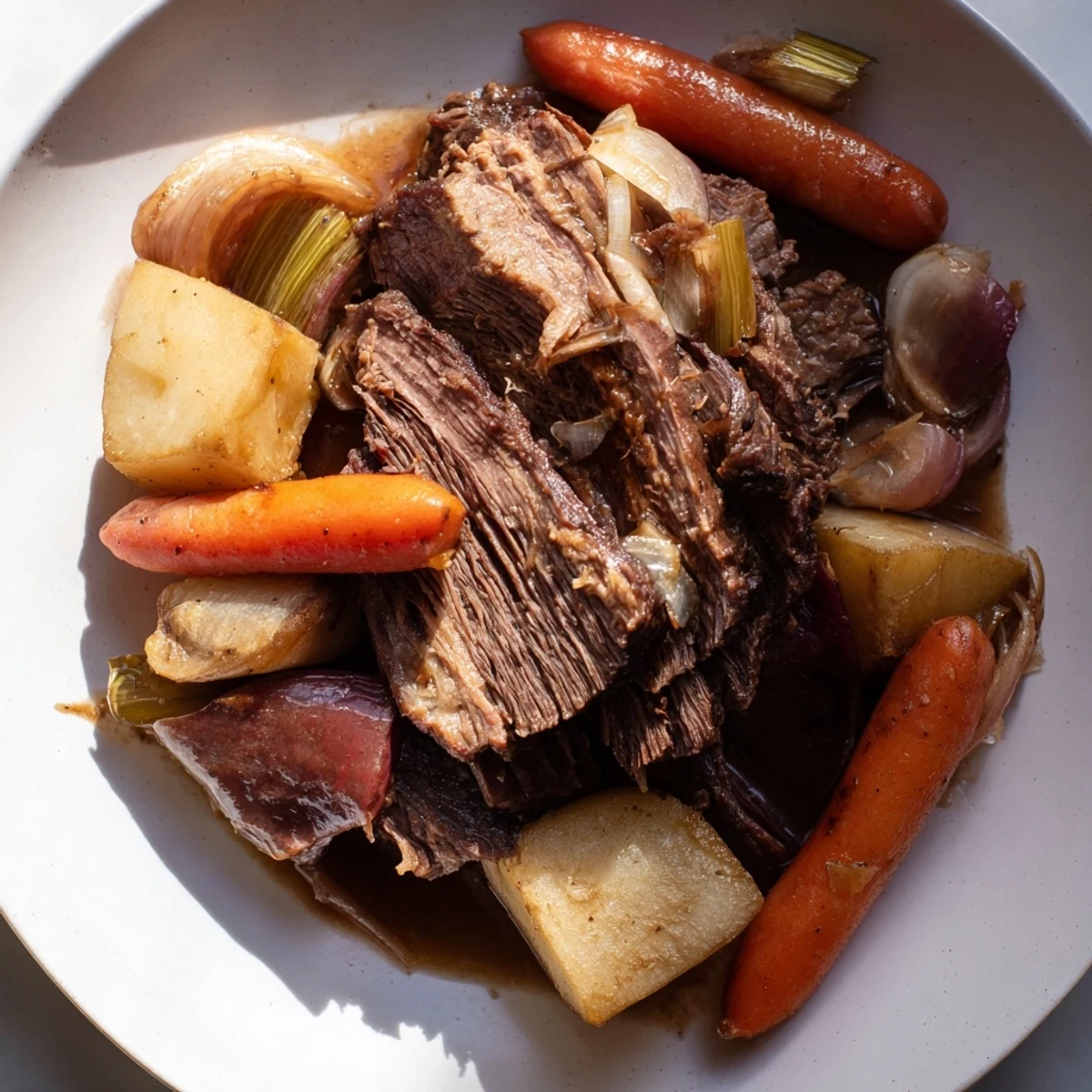 Golden-brown Sunday Pot Roast with a rich gravy, served with potatoes and carrots, a hearty meal.