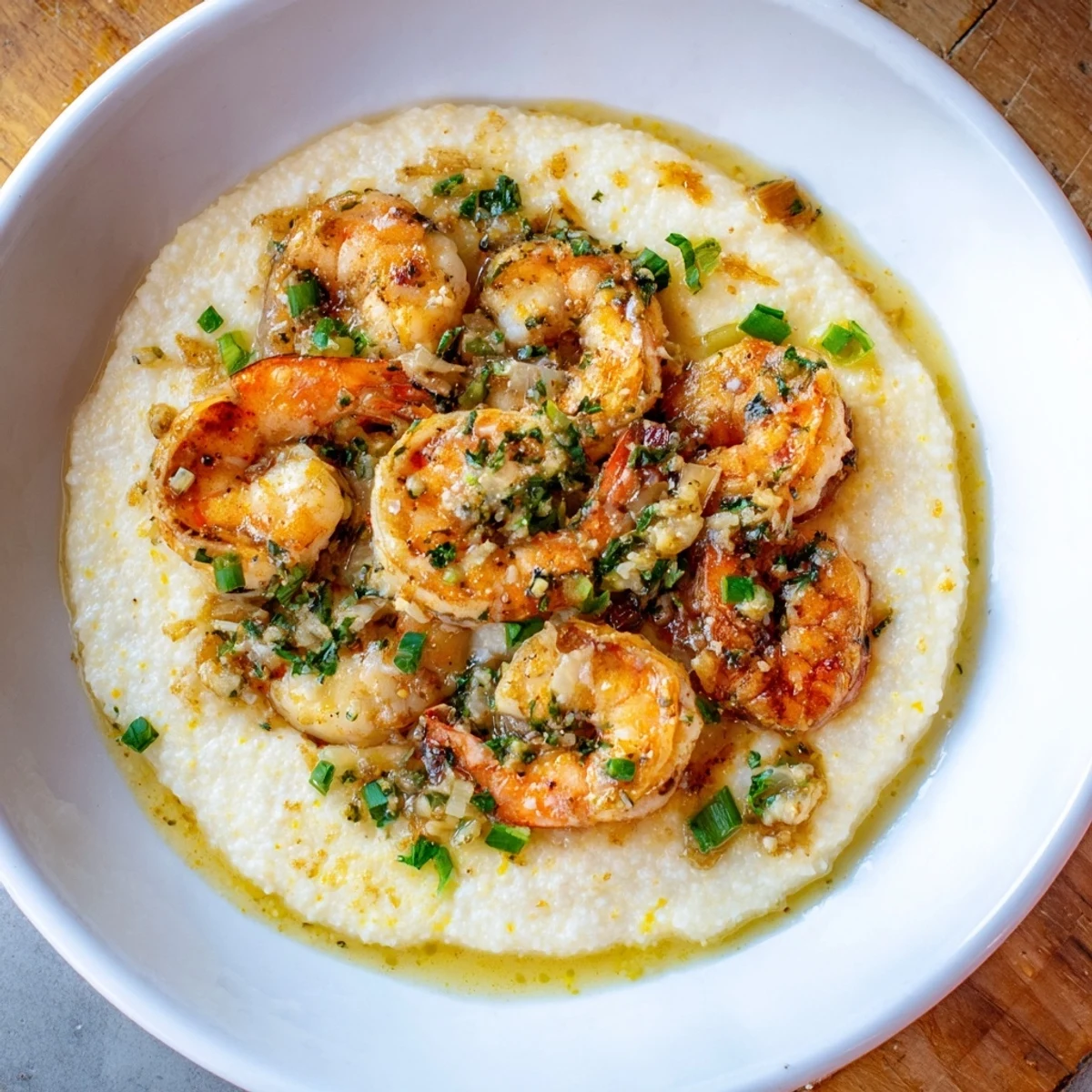 Golden Shrimp & Grits brimming with garlic butter sauce, a flavorful Southern main dish.
