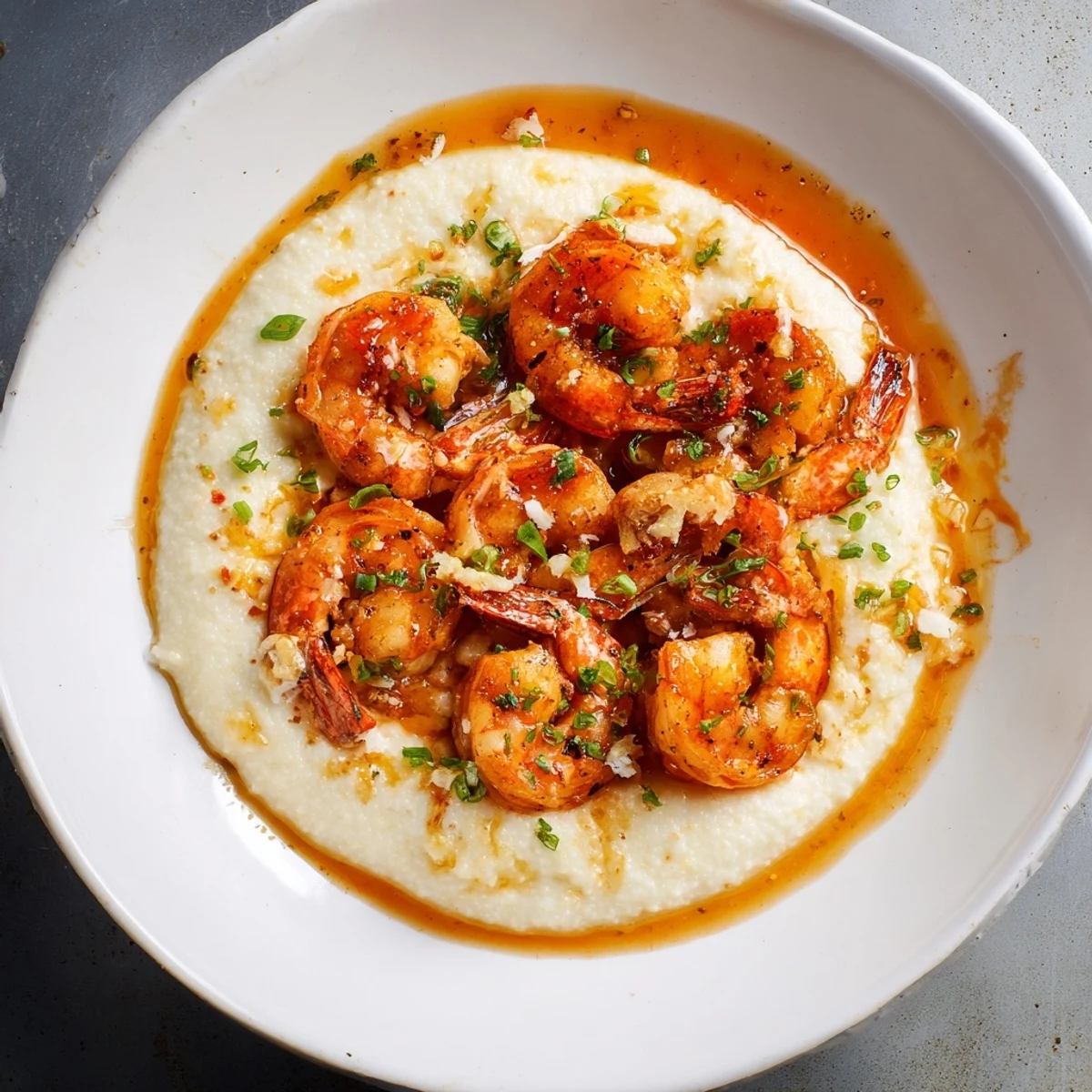 Creamy cheesy grits topped with succulent shrimp, showcasing this delicious Shrimp & Grits recipe.