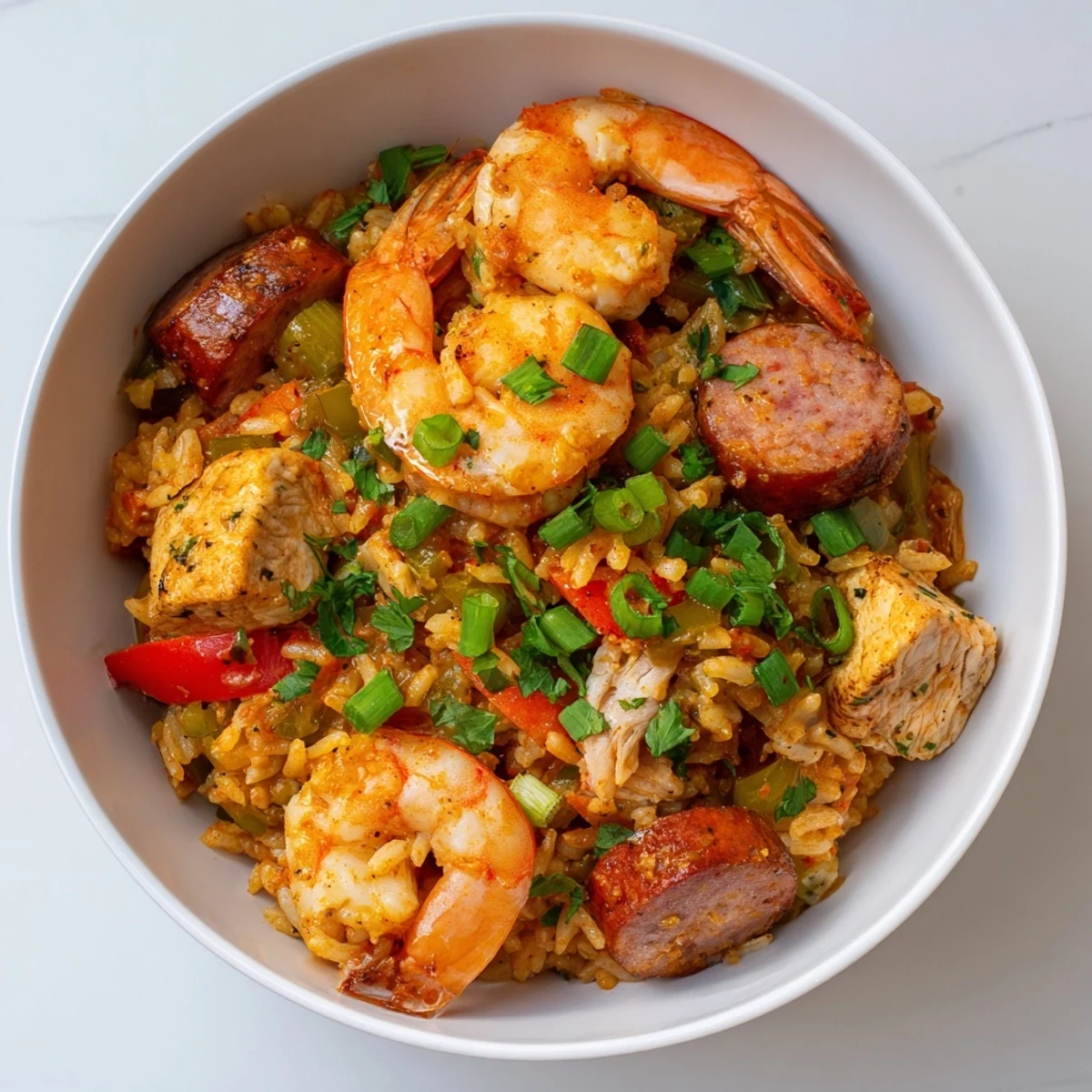 A steaming bowl of Cajun Jambalaya Rice Bowl with vibrant peppers, chicken, and shrimp, garnished with fresh herbs.