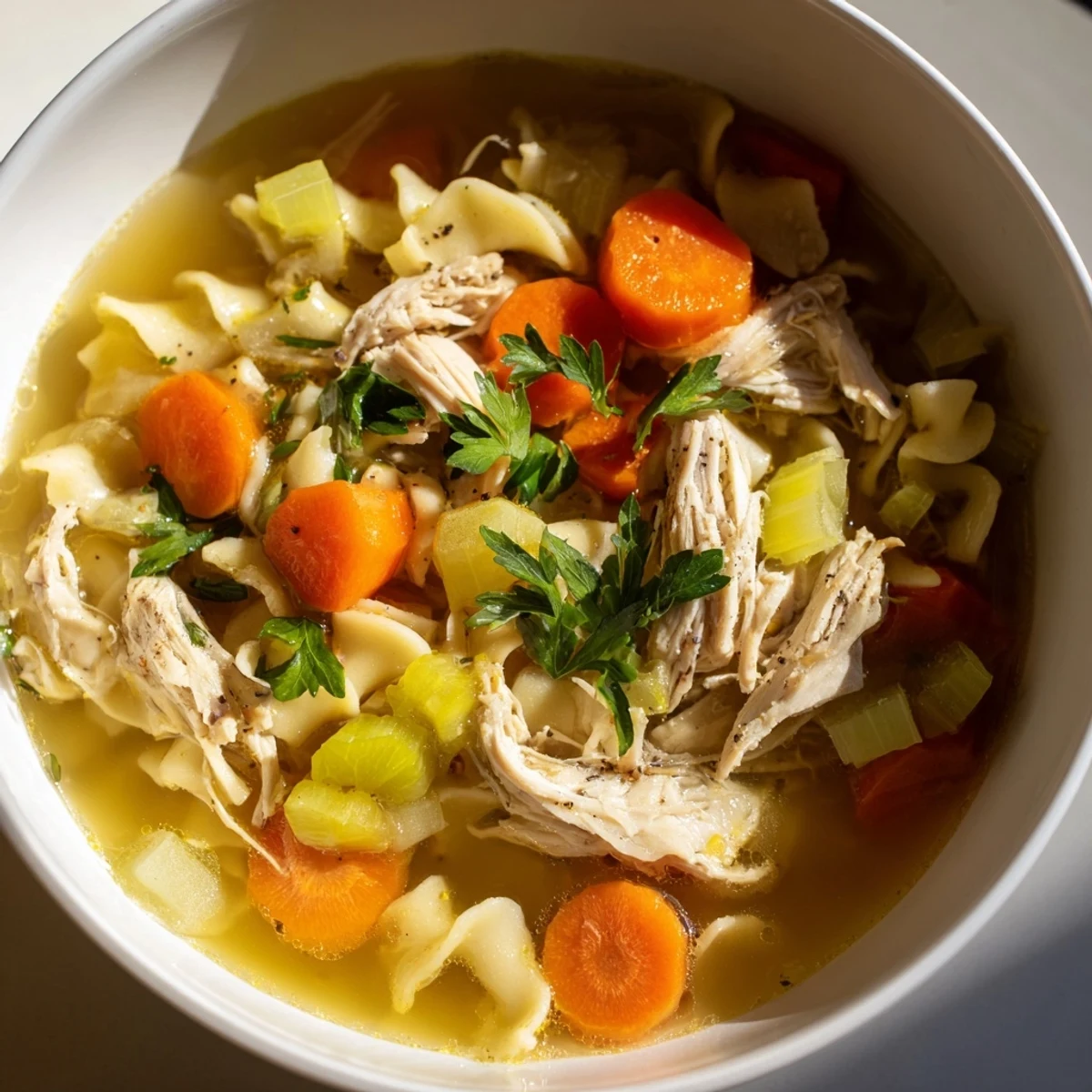 Steaming bowl of homemade chicken noodle soup, brimming with golden egg noodles and vegetables.