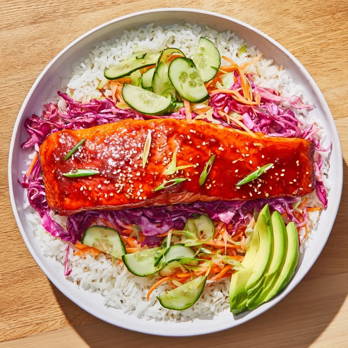 Sweet Chili Salmon Rice Bowl with glossy salmon fillets and vibrant fresh vegetable toppings.