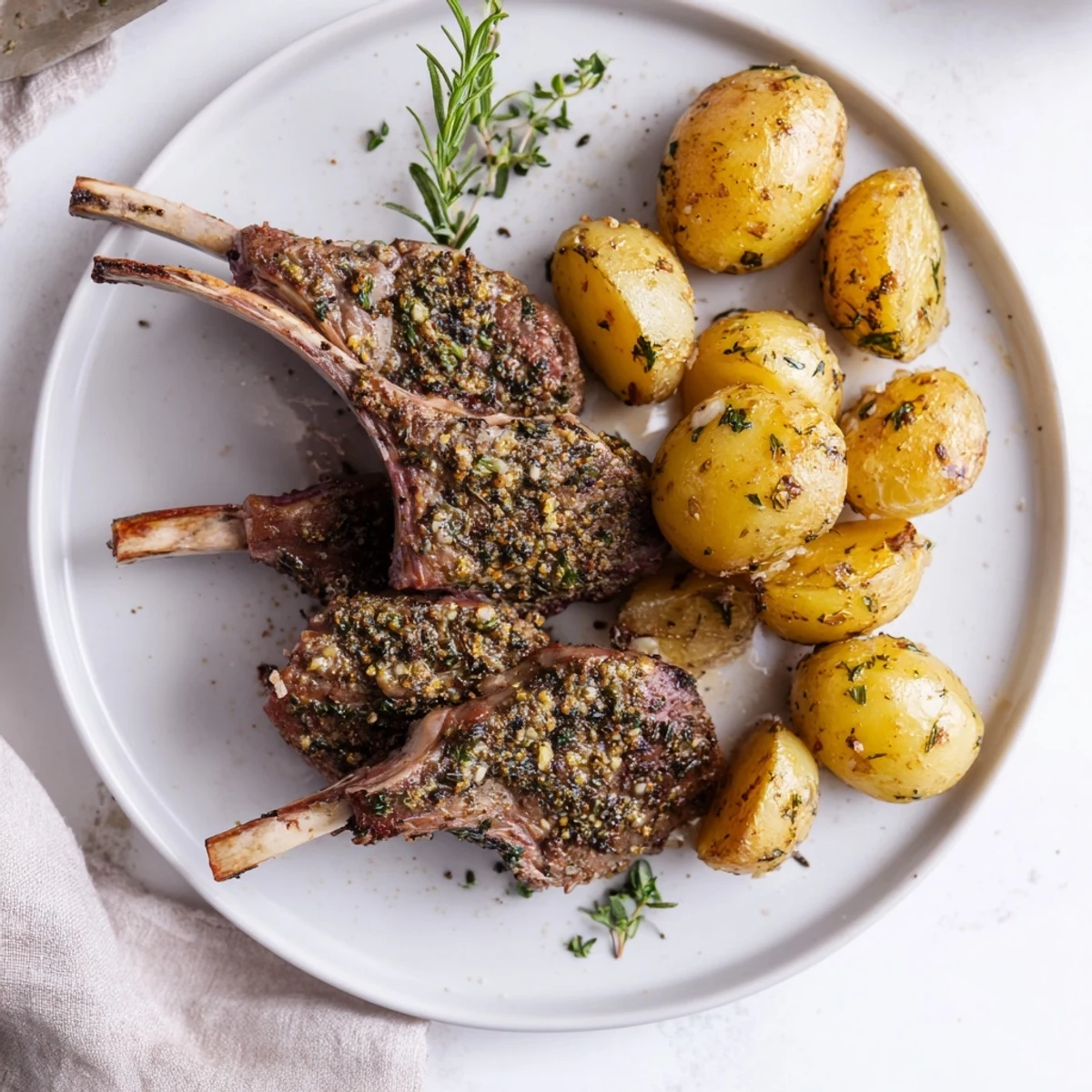 Succulent herbed lamb chops with crispy roasted potatoes, ready for a delicious dinner.