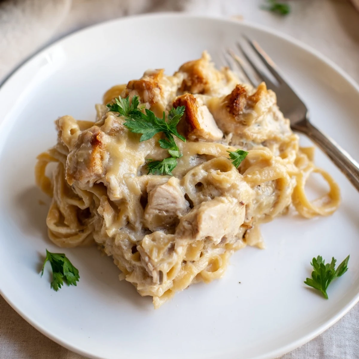 Golden, bubbly Chicken Fettuccine Alfredo Bake, fresh from the oven, ready for serving with garlic bread.