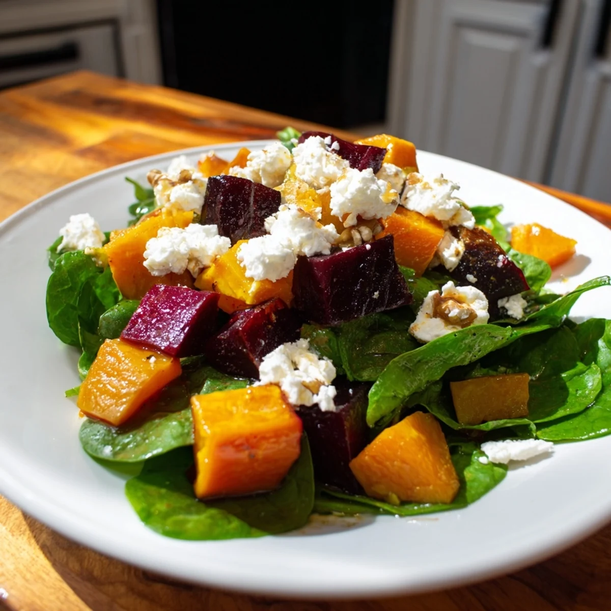 Warm roasted beet and butternut salad with creamy goat cheese, a flavorful vegetarian option.