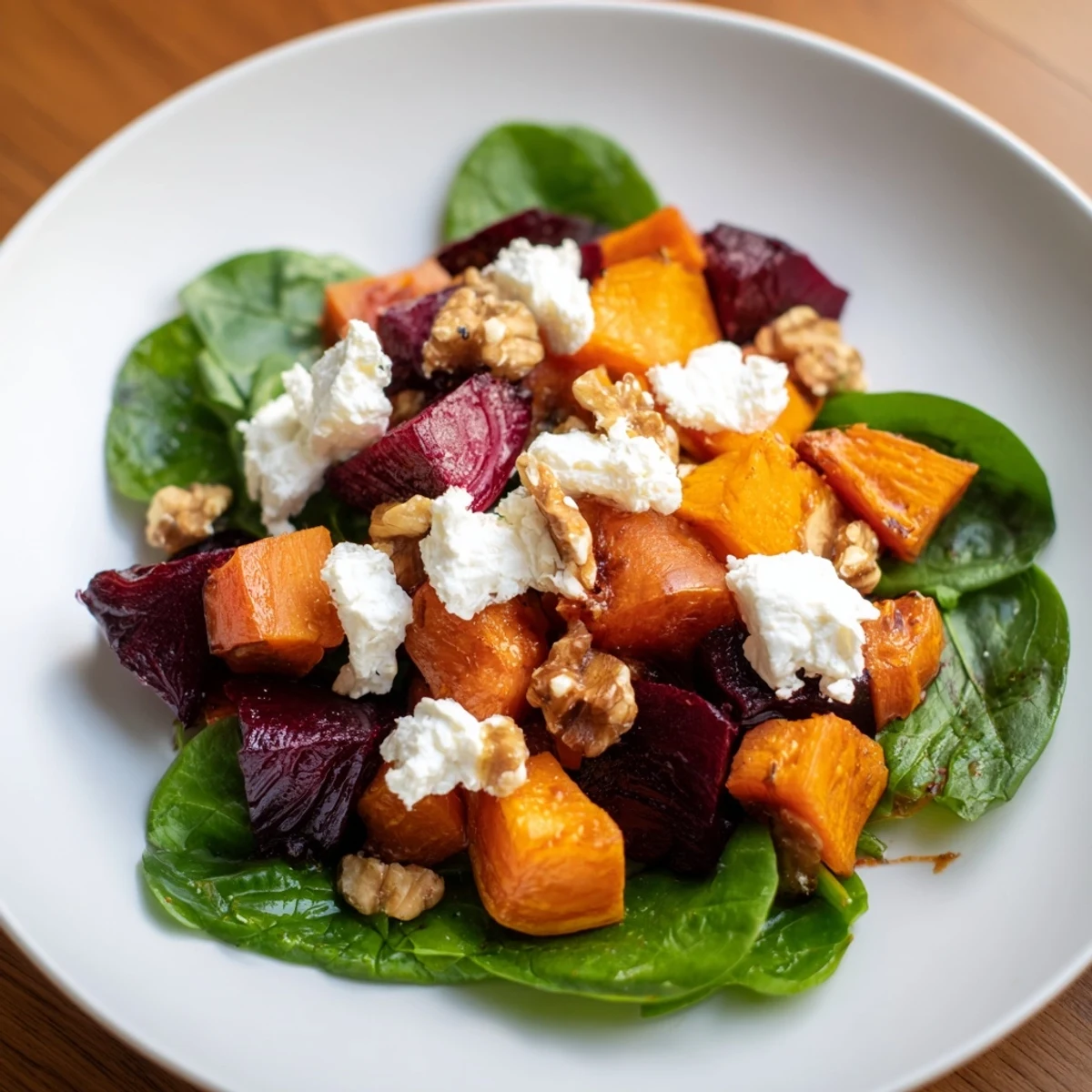 Fresh baby spinach base with sweet roasted beets & butternut squash in a delicious salad recipe.
