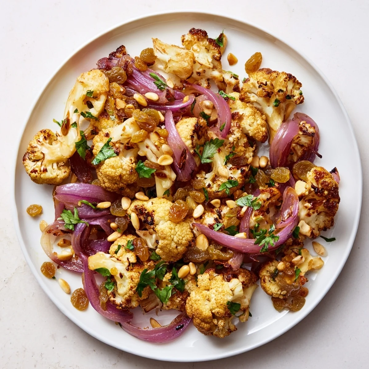Golden roasted Warm Roasted Cauliflower & Lemon Pine-Nut Dressing Salad, perfect for a flavorful side dish.