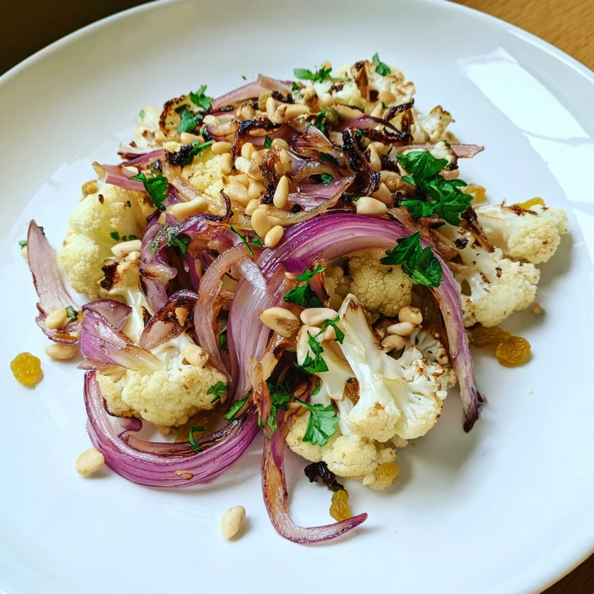 A bowl overflowing with Warm Roasted Cauliflower & Lemon Pine-Nut Dressing Salad, garnished and ready to serve.