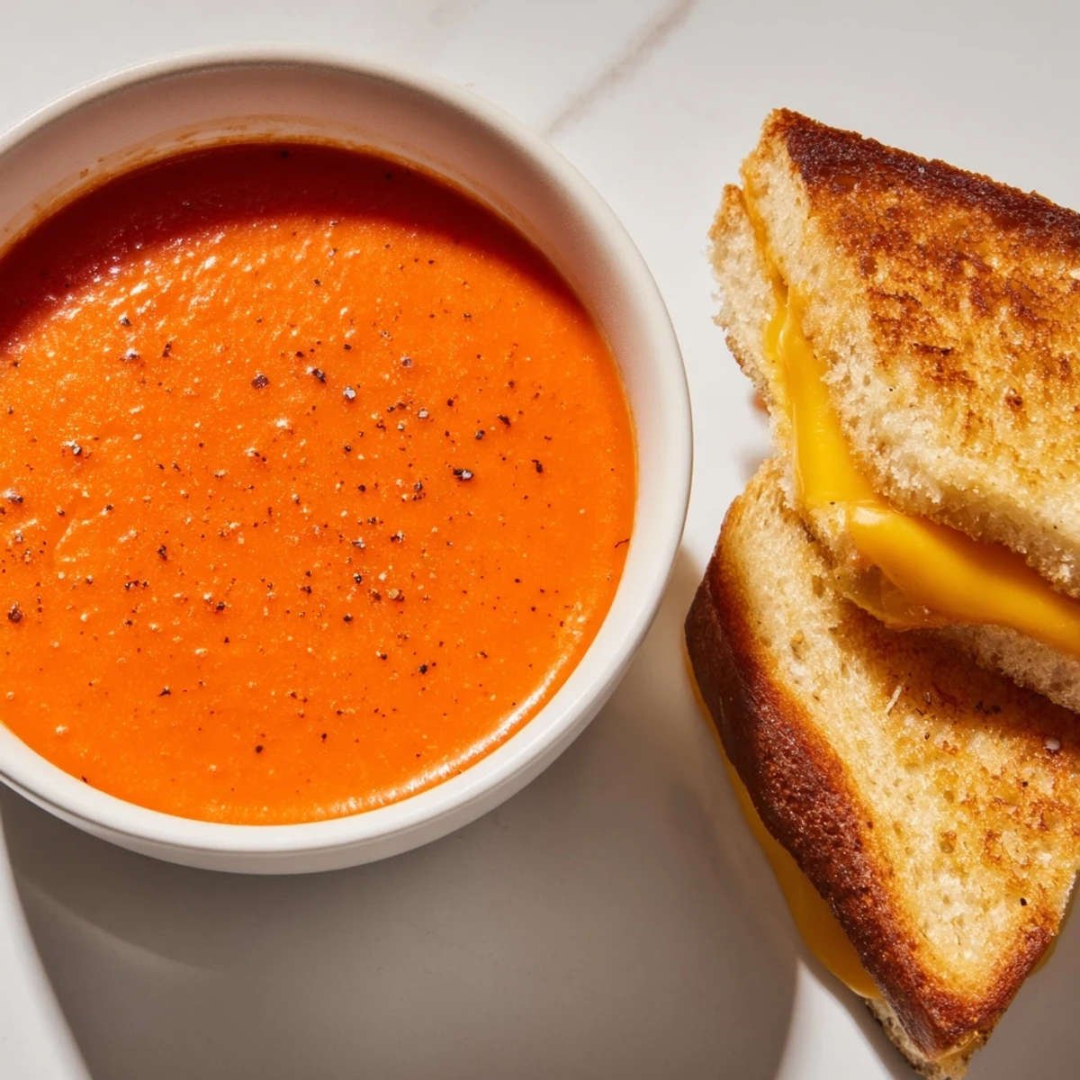 Melted cheddar cheese oozing from a grilled cheese sandwich, served with rich tomato soup.