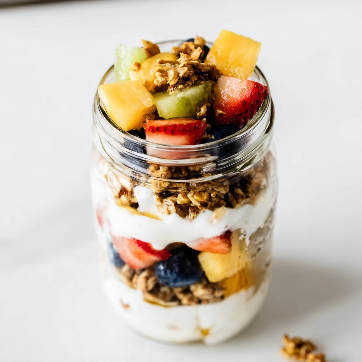 Fresh, colorful yogurt parfait with ripe peaches and crunchy granola ready to eat.
