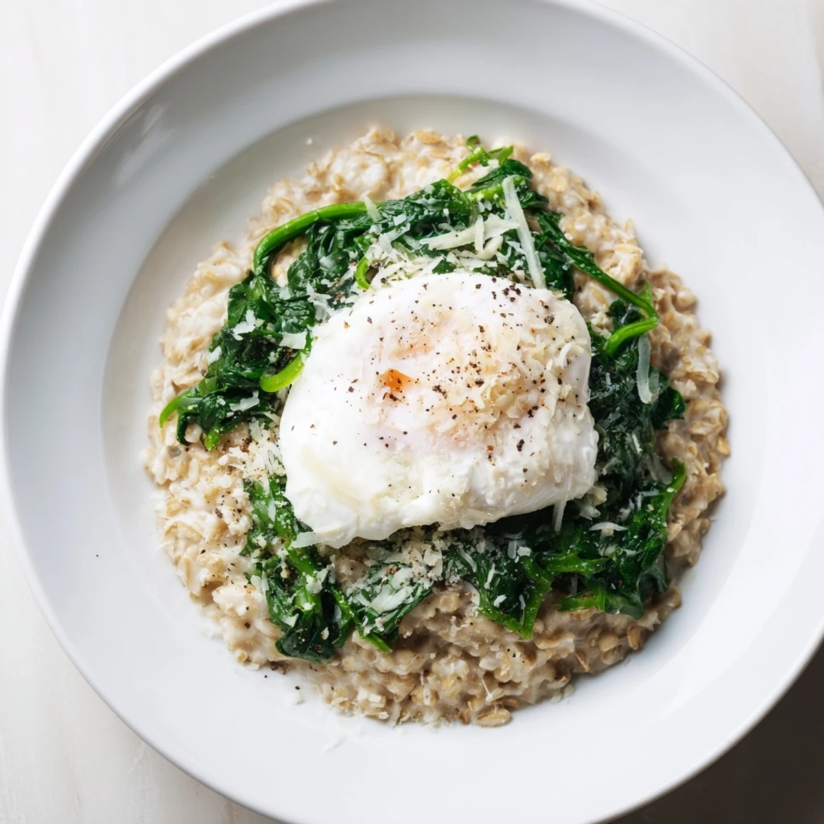Savory oatmeal with poached egg, vibrant with spinach, ready for a comforting breakfast experience.