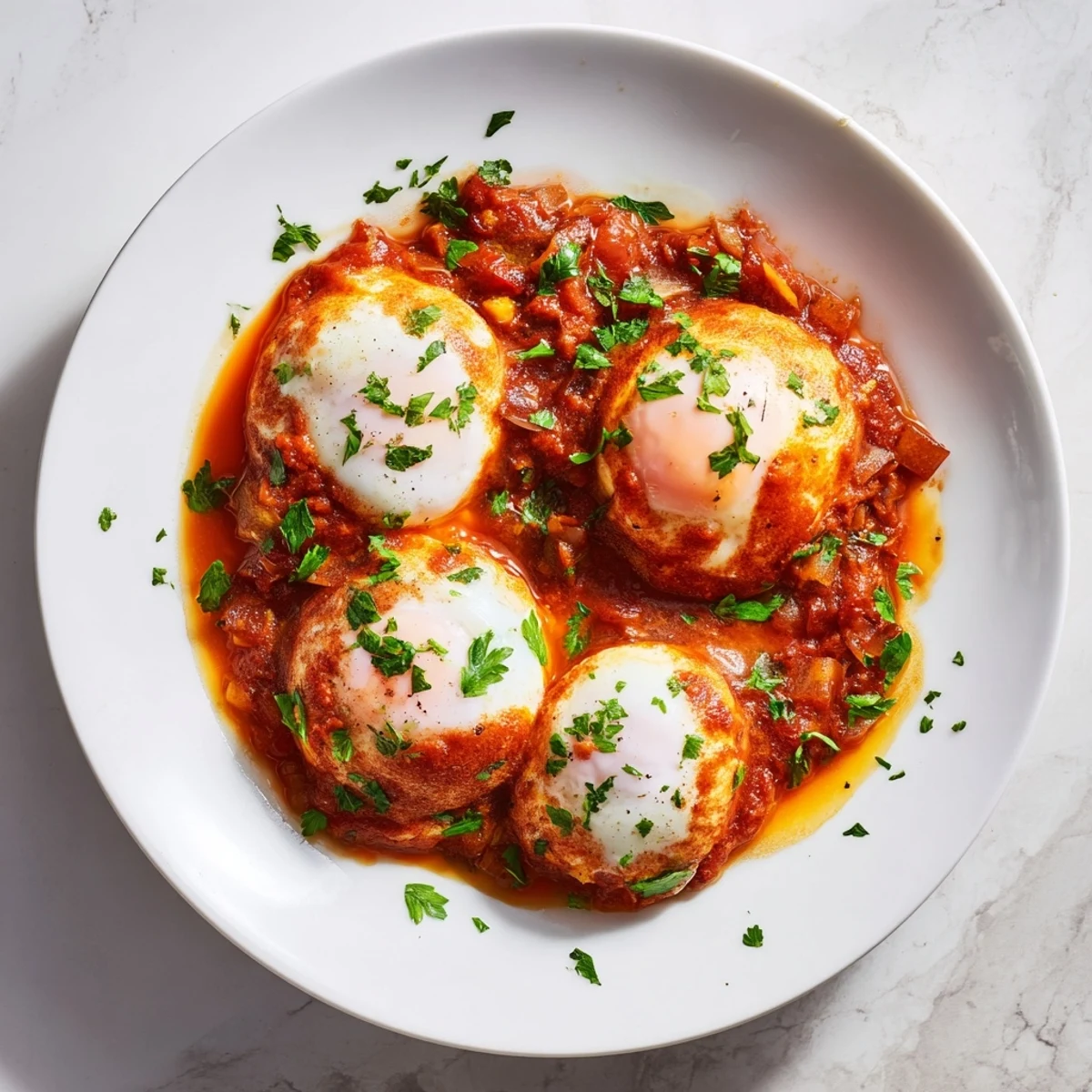 A skillet showcases bubbling Savoury Baked Eggs in Tomato Sauce, a comforting vegetarian breakfast or brunch idea.