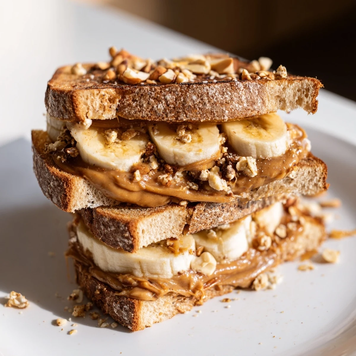 A visually appealing close-up of a gourmet Peanut Butter & Banana Sandwich with crunchy toppings and fresh banana slices.
