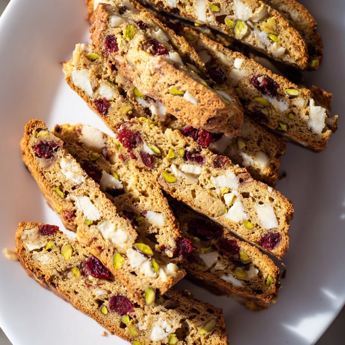 Golden brown biscotti, speckled with festive cranberries, pistachios, and dripping white chocolate drizzle.
