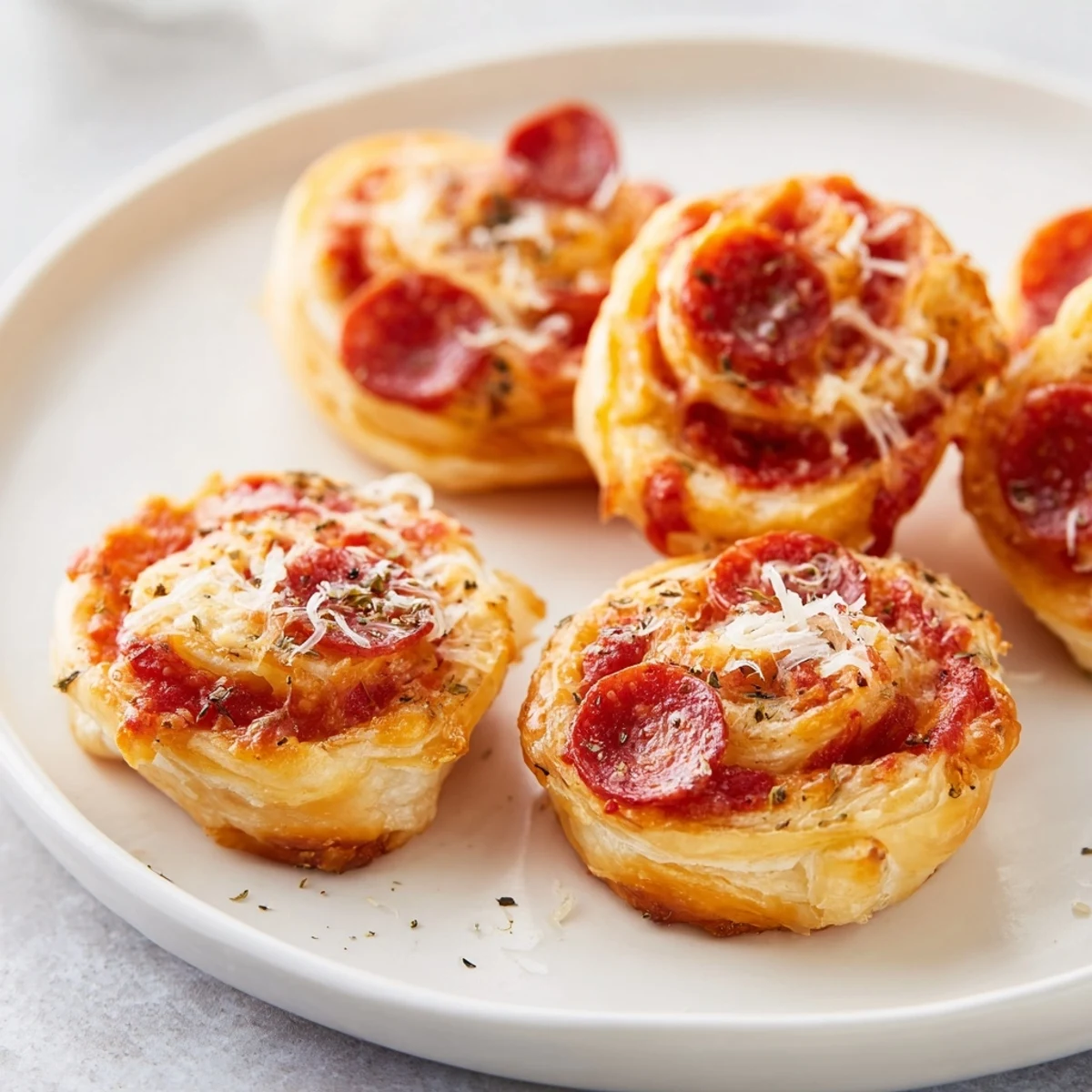 Golden, baked Mini Pepperoni Pizza Pinwheels, featuring melty cheese and savory pepperoni slices.