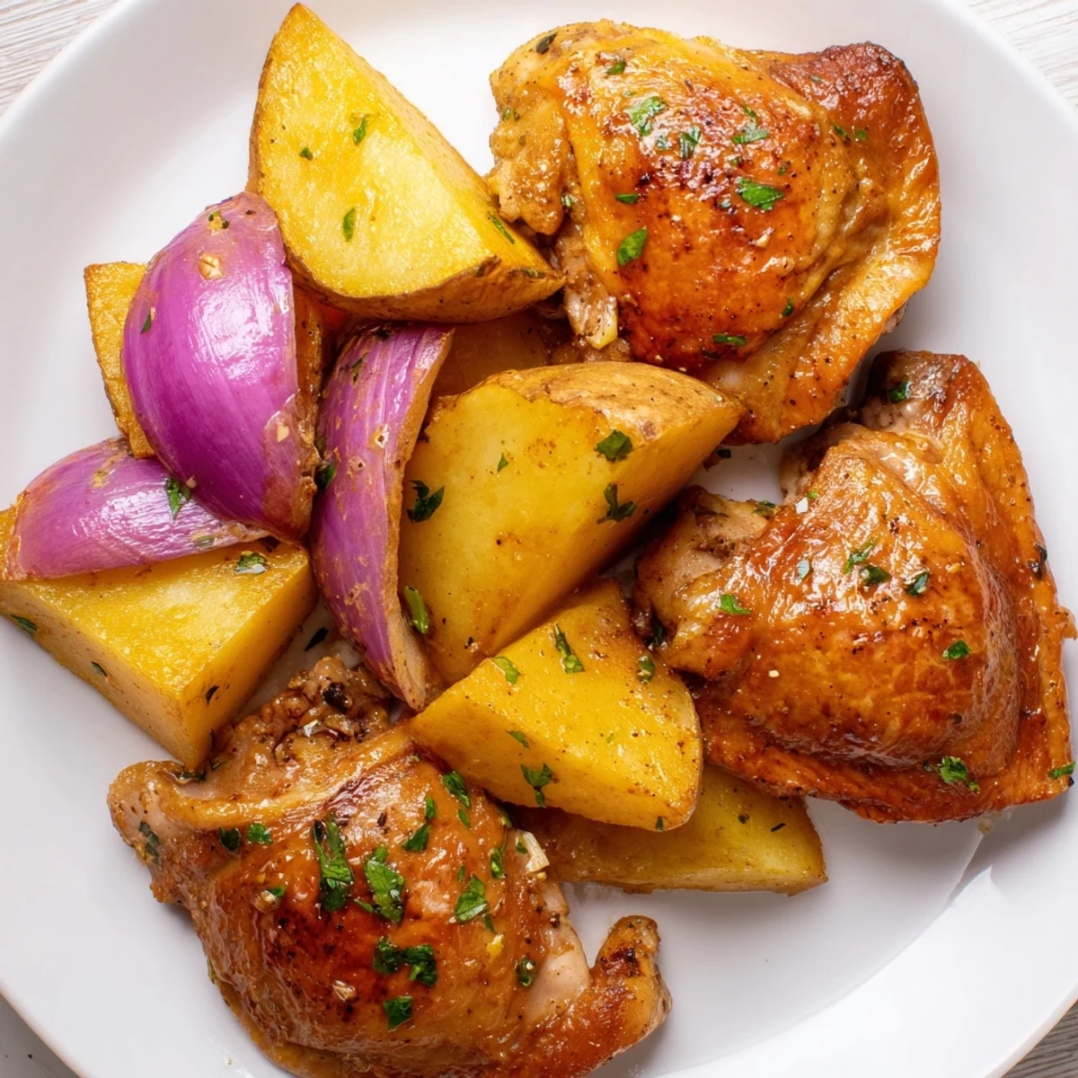 Golden Greek Lemon Chicken and Potatoes roasted on a sheet pan, ready to serve with parsley.