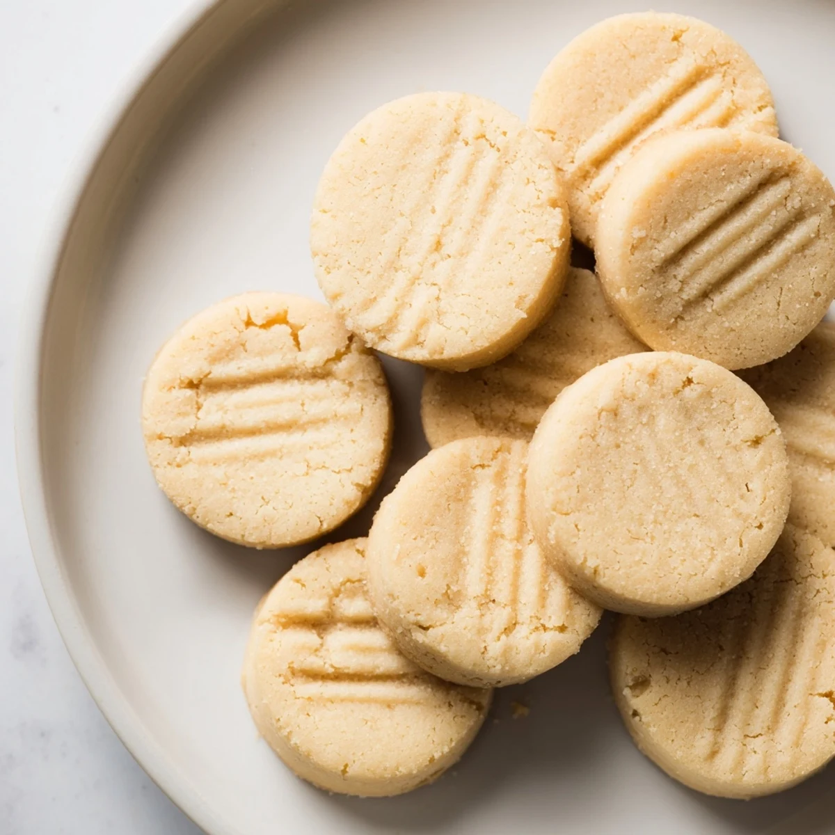 Freshly baked classic shortbread cookies offer a buttery aroma, showing a delightful crumbly texture.