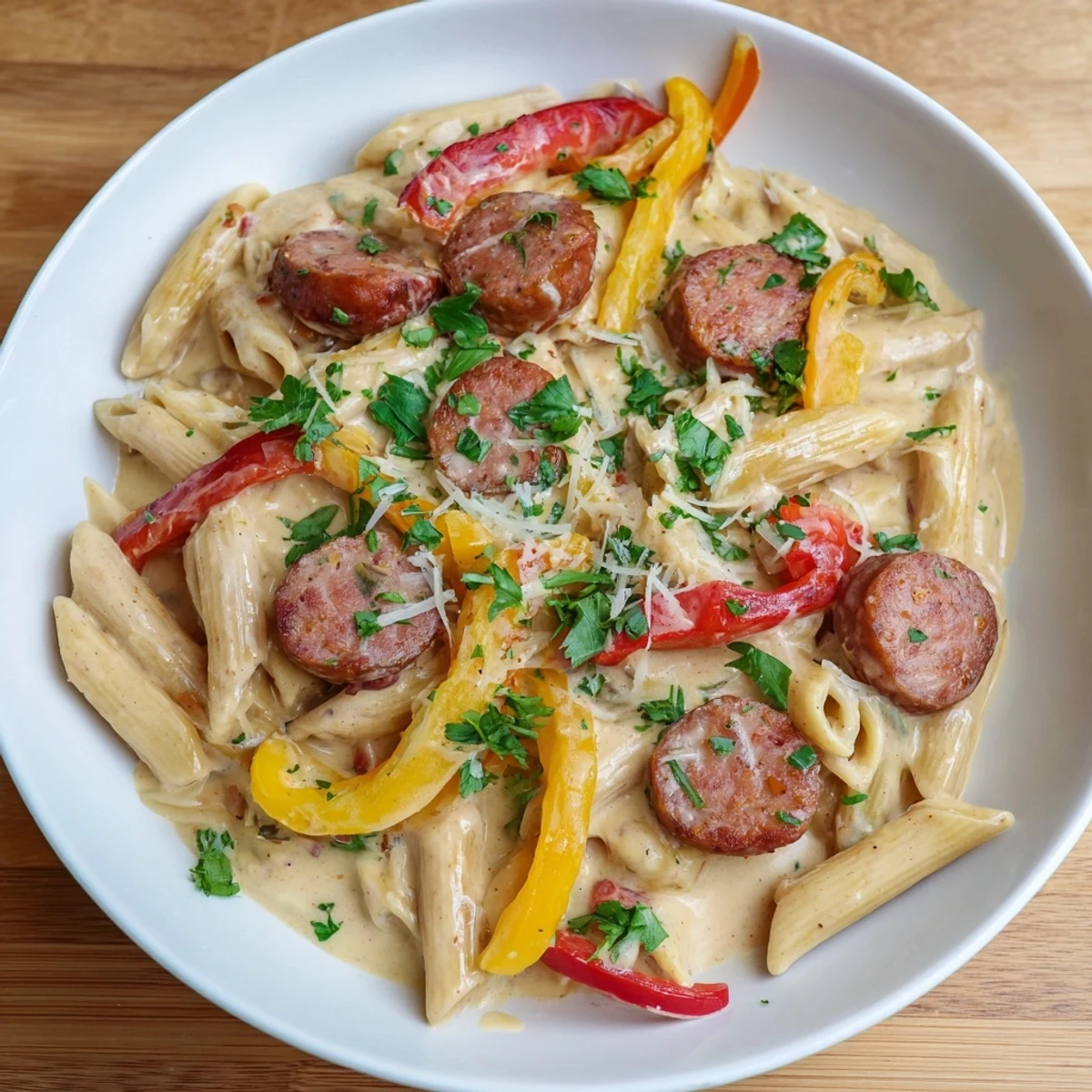 A close-up of creamy Cajun Spiced Smoked Sausage Alfredo, garnished with fresh parsley and cheese.