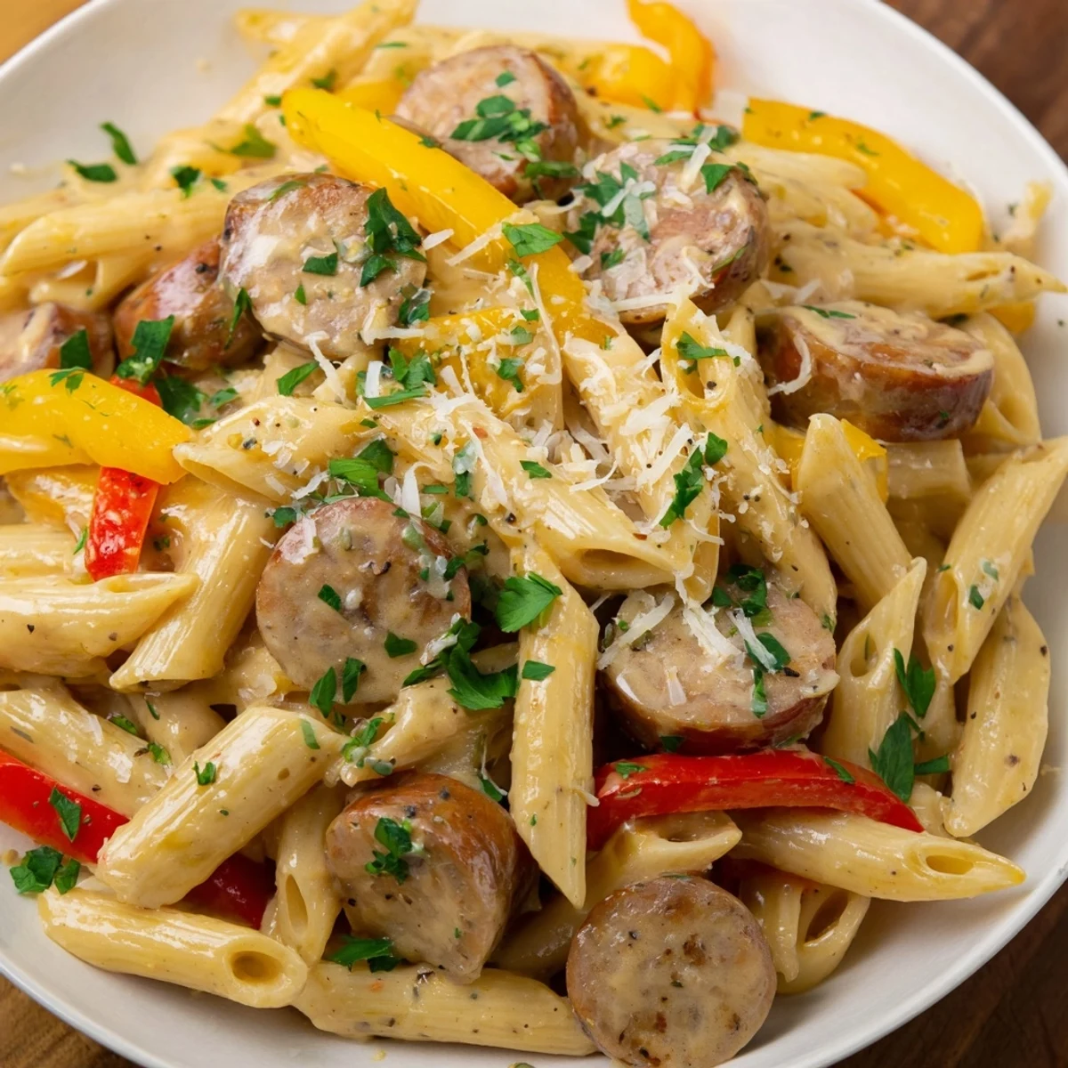 This easy Cajun Spiced Smoked Sausage Alfredo features juicy sausage and a rich, cheesy sauce.