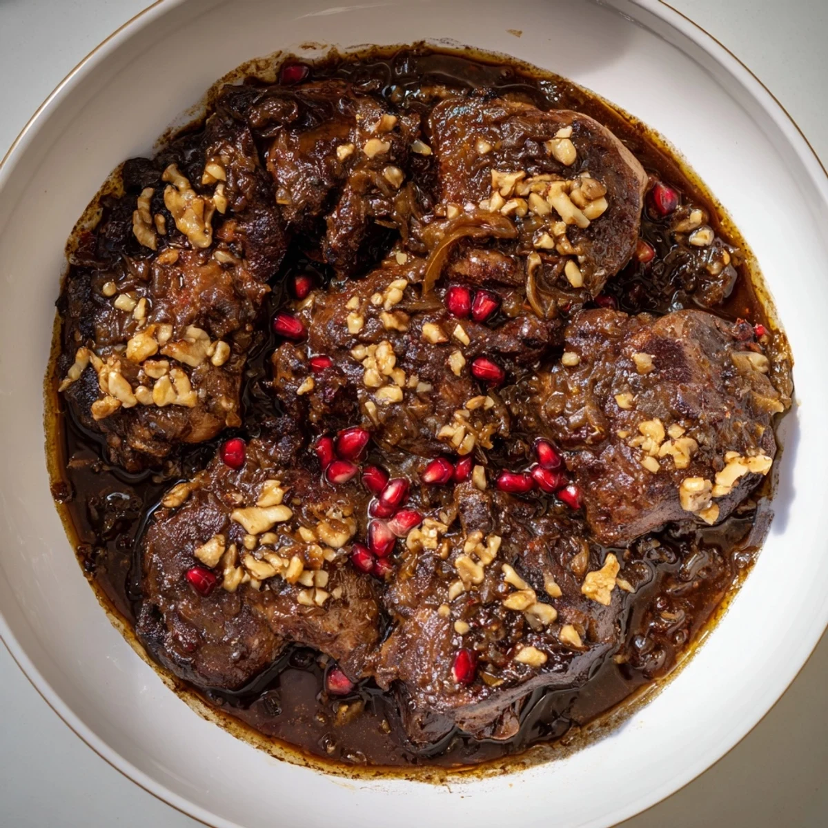 A close-up shot of the Budget Fesenjan Stew, steaming and ready for serving with basmati rice.