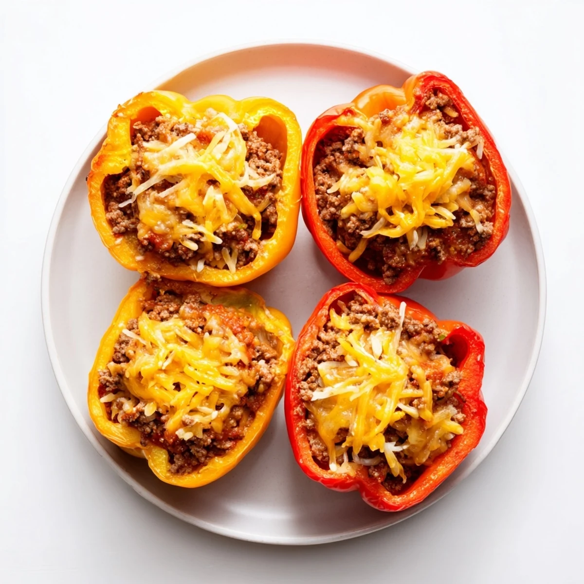 Perfectly baked Sloppy Joe Stuffed Bell Peppers, bursting with savory flavors and topped with melted cheddar.