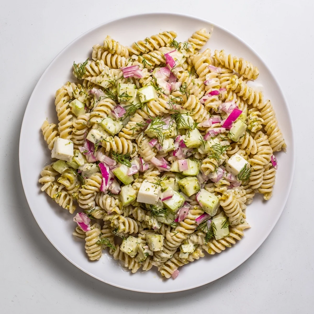 Creamy Dill Pickle Pasta Salad with shredded cheddar, smelling of fresh dill and delicious.