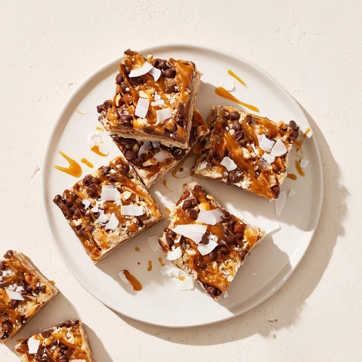 Golden, layered 7-Layer Magic Bars with sea salt caramel glistening on top, a delicious dessert.