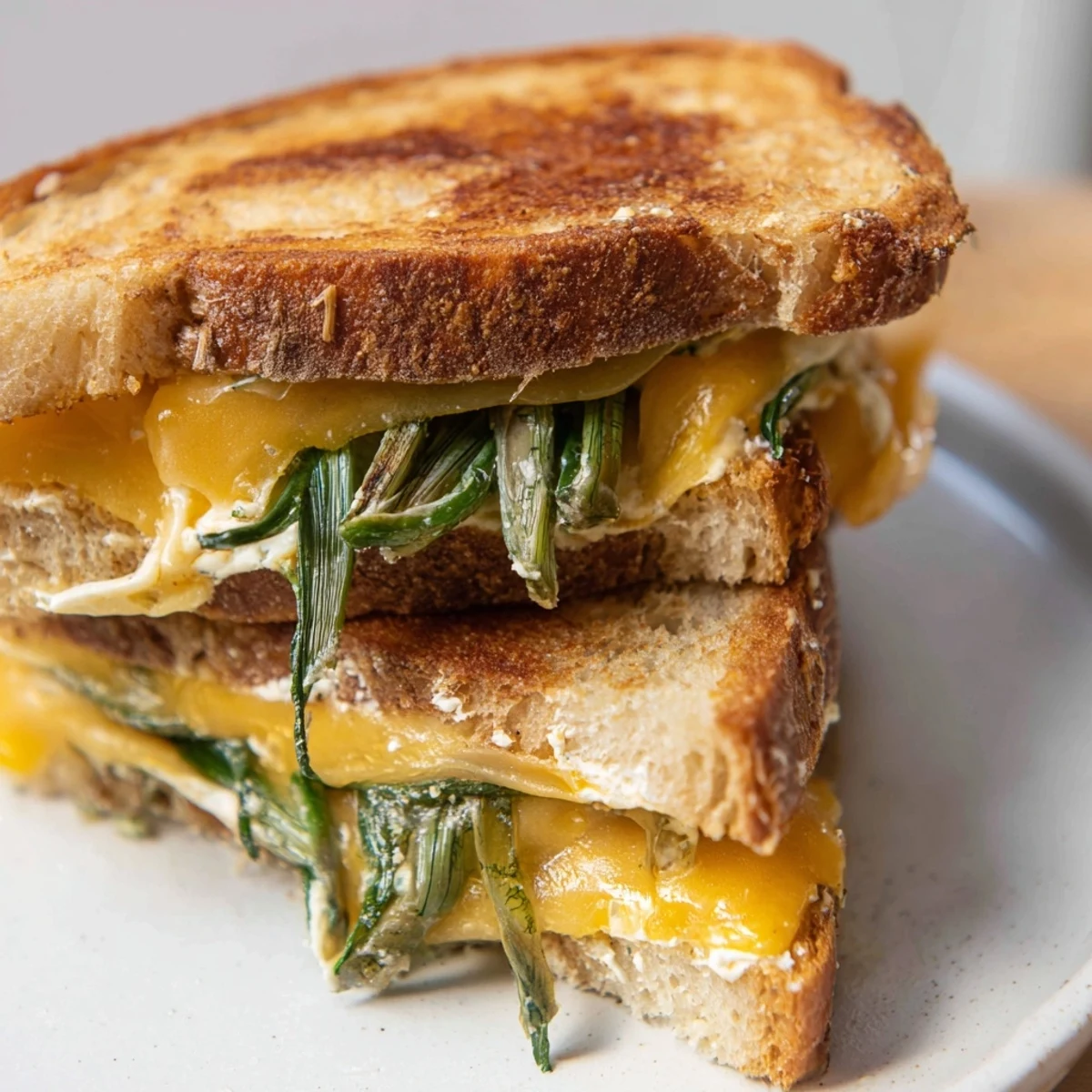 Warm, crispy Gooey Pickle Grilled Cheese halves with overflowing cheese and tangy pickle slices visible.
