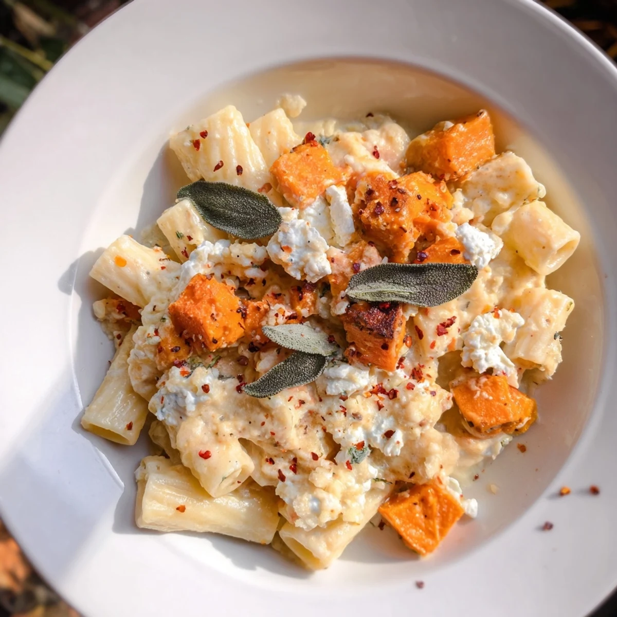 Creamy Viral Sweet Potato Goat Cheese Sage pasta served with crispy sage and parmesan topping.