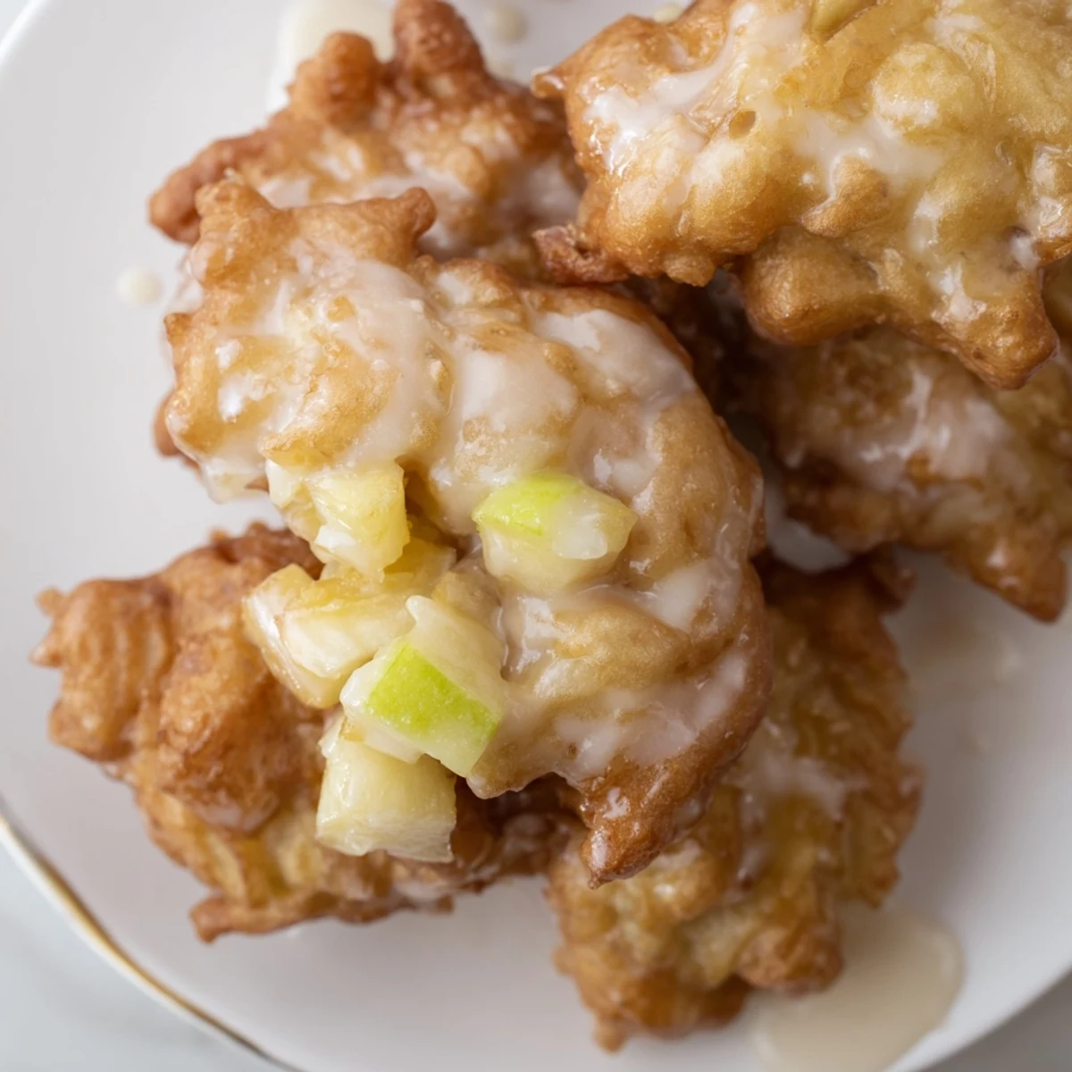 Warm, golden-brown homemade apple fritters, fried to crispy perfection and drizzled with sweet glaze.