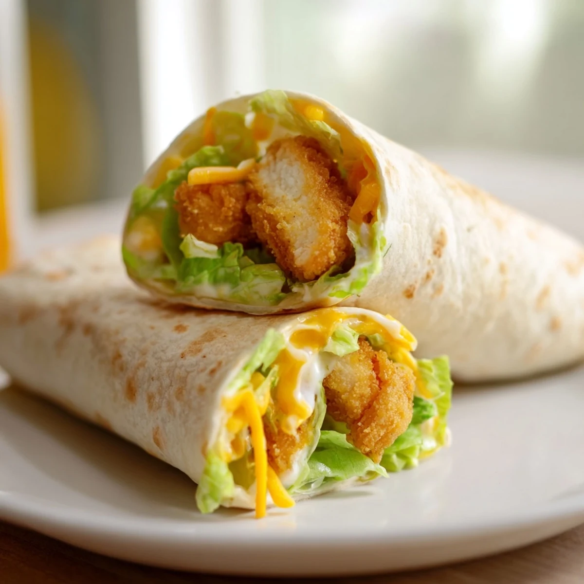 Golden-fried crispy chicken with ranch, lettuce, and cheddar filling a delicious snack wrap.