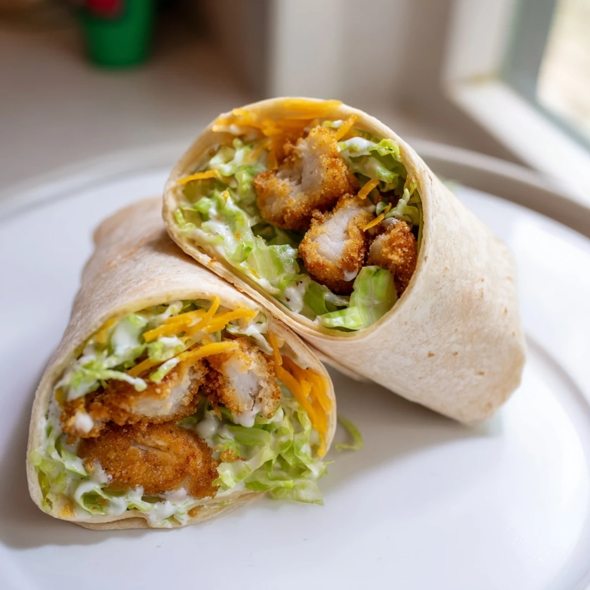 Freshly assembled crispy chicken ranch snack wraps showcasing cheese, lettuce, and creamy ranch.