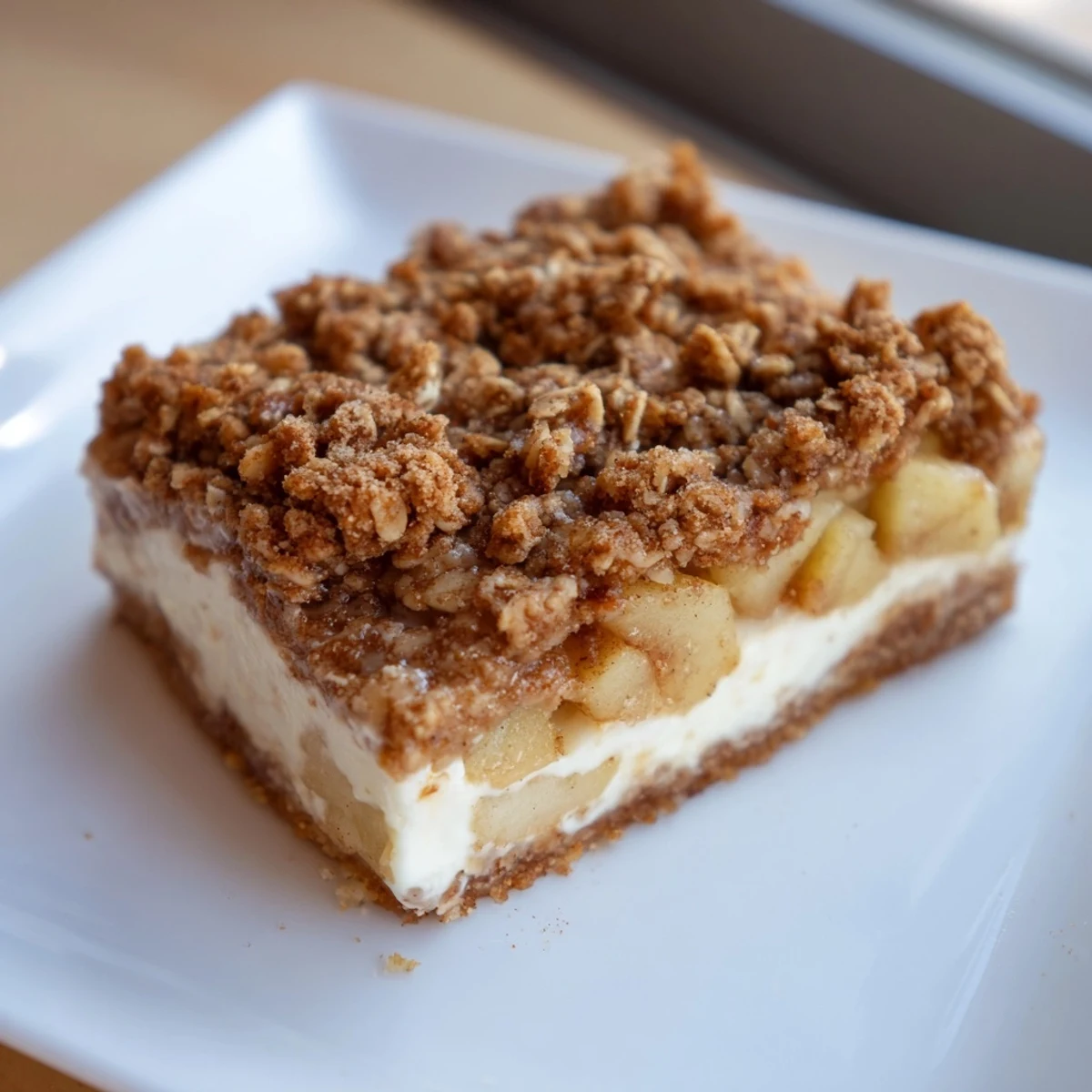 Golden-brown Apple Crisp Cheesecake Bars, a layered dessert with a crisp oat topping, ready to serve.