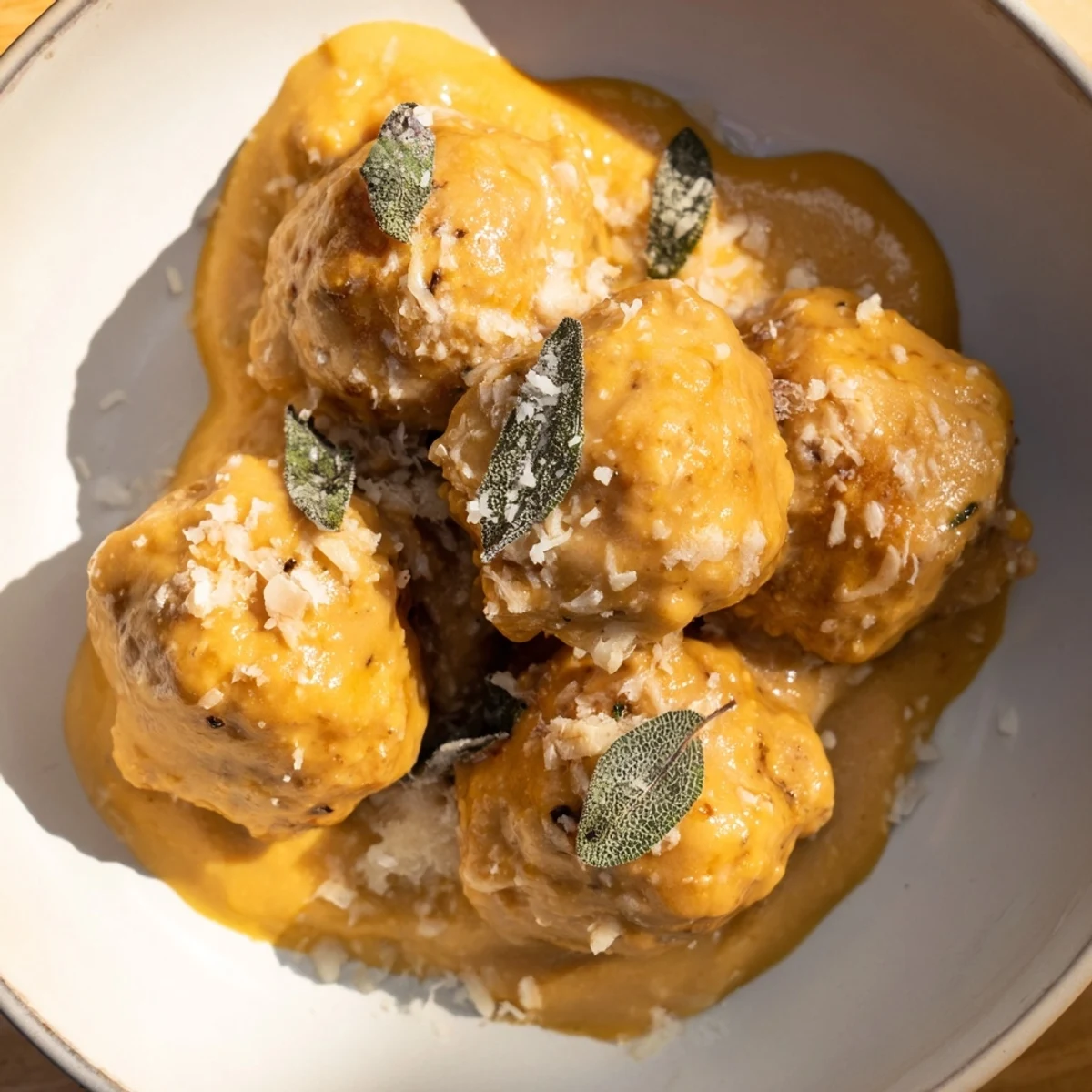 Easy Turkey Meatballs in Pumpkin Sage Sauce: Tender meatballs swimming in a creamy, autumn-inspired pumpkin sauce.