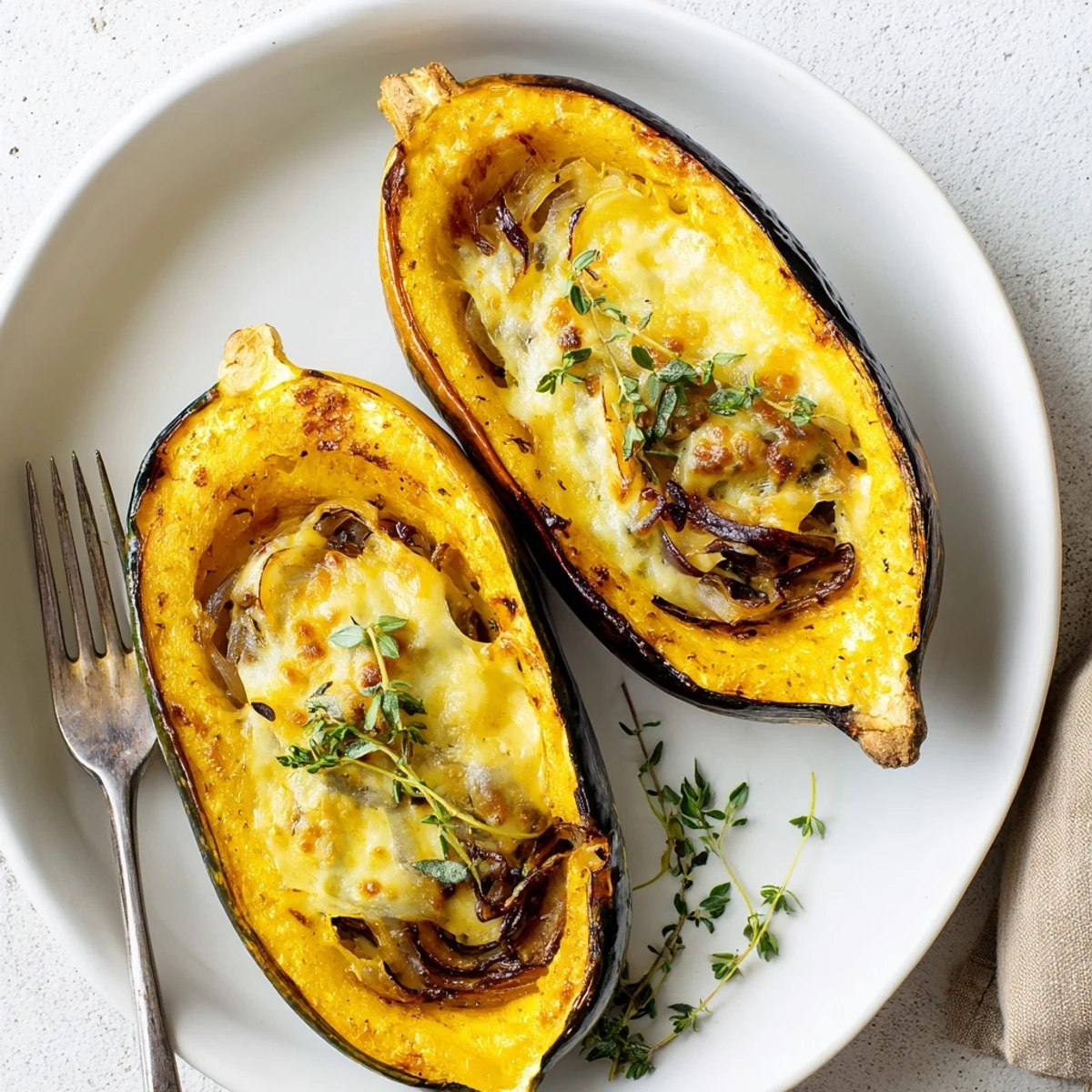 Golden-brown Caramelized Onion Gruyere Acorn Squash, a delicious vegetarian main dish ready to enjoy.