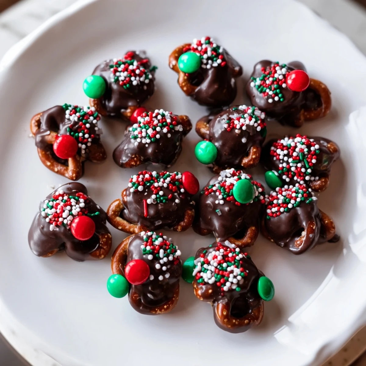 Golden-brown Air Fryer Christmas Pretzel Bites, a festive dessert, glistening with melted chocolate.