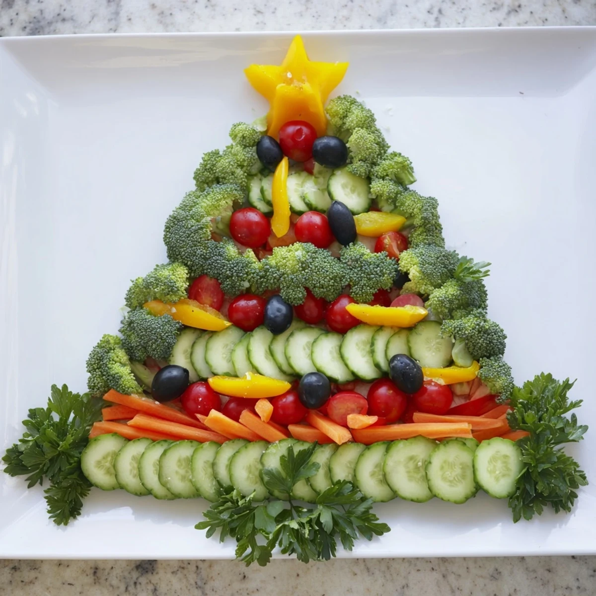 Get ready for a delicious Healthy Christmas Veggie Platter Tree with crisp carrots, bell peppers, and snap peas.