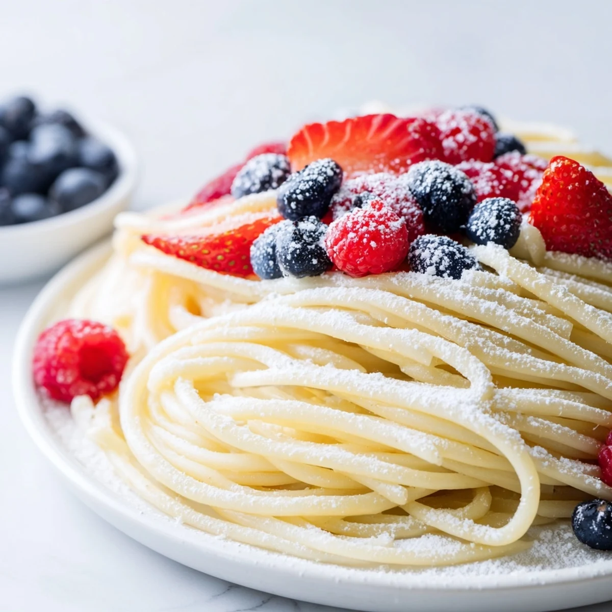Quick Festive Pancake Spaghetti, a sweet brunch dish adorned with vibrant berries and powdered sugar.