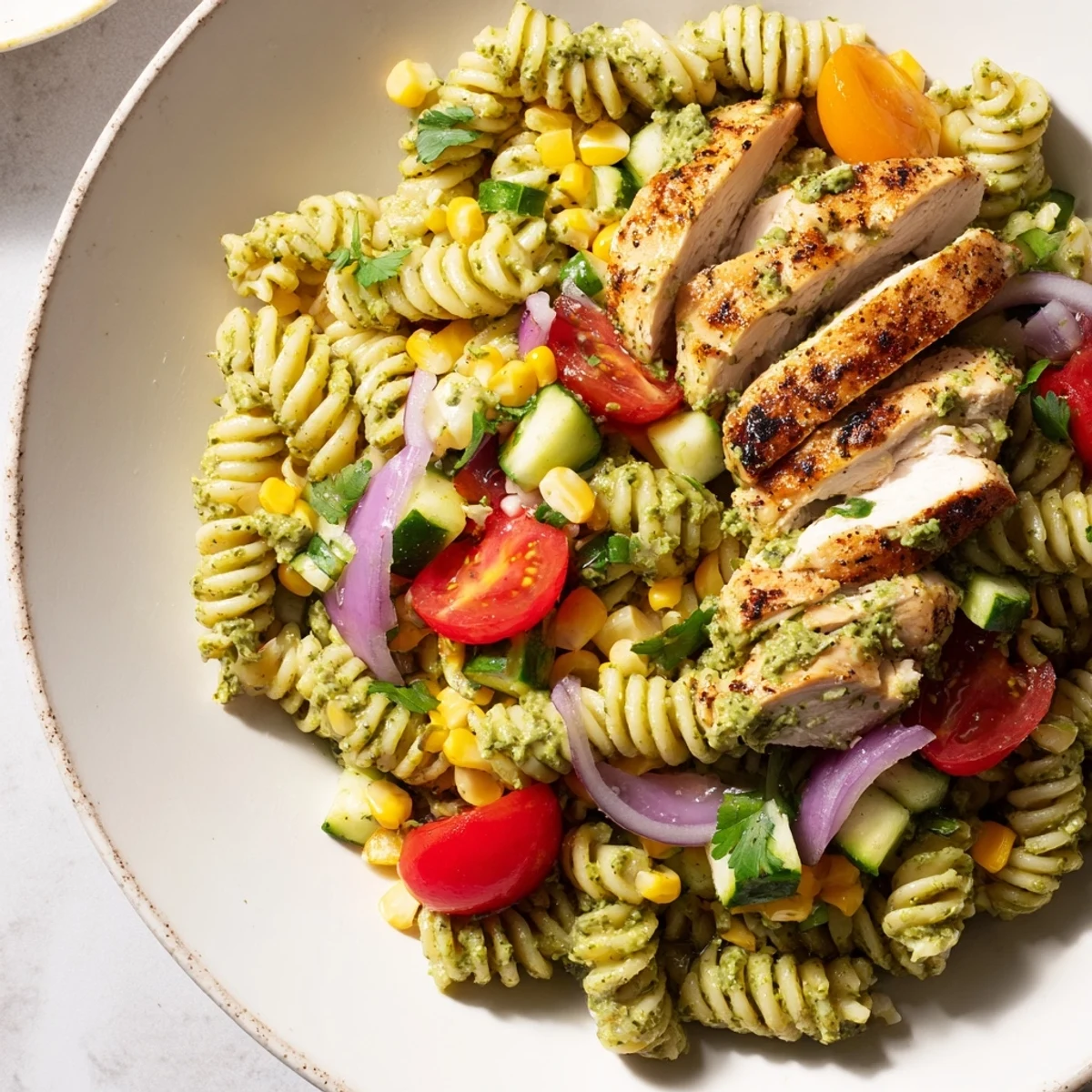 Creamy Peruvian Aji Verde Chicken Pasta Salad with colorful veggies ready to eat.