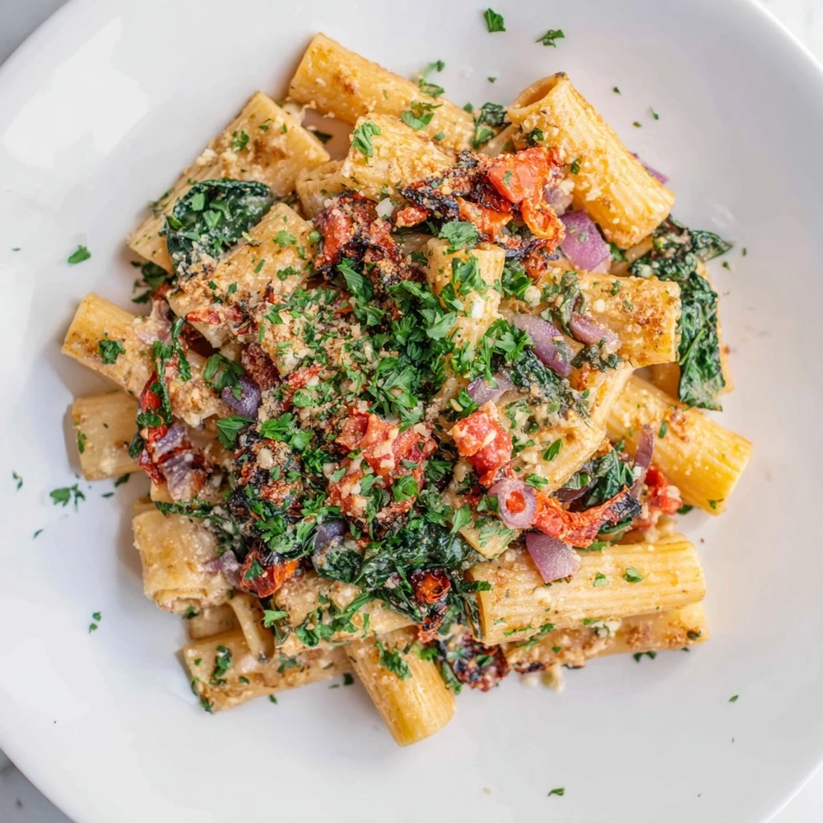 Mediterranean Baked Garlic & Herb Pasta bubbling in a baking dish, brimming with feta and herbs.