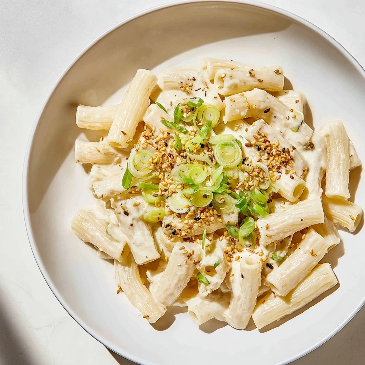 Steaming bowl of creamy Japanese miso ditalini pasta, garnished with fresh green scallions and sesame seeds.
