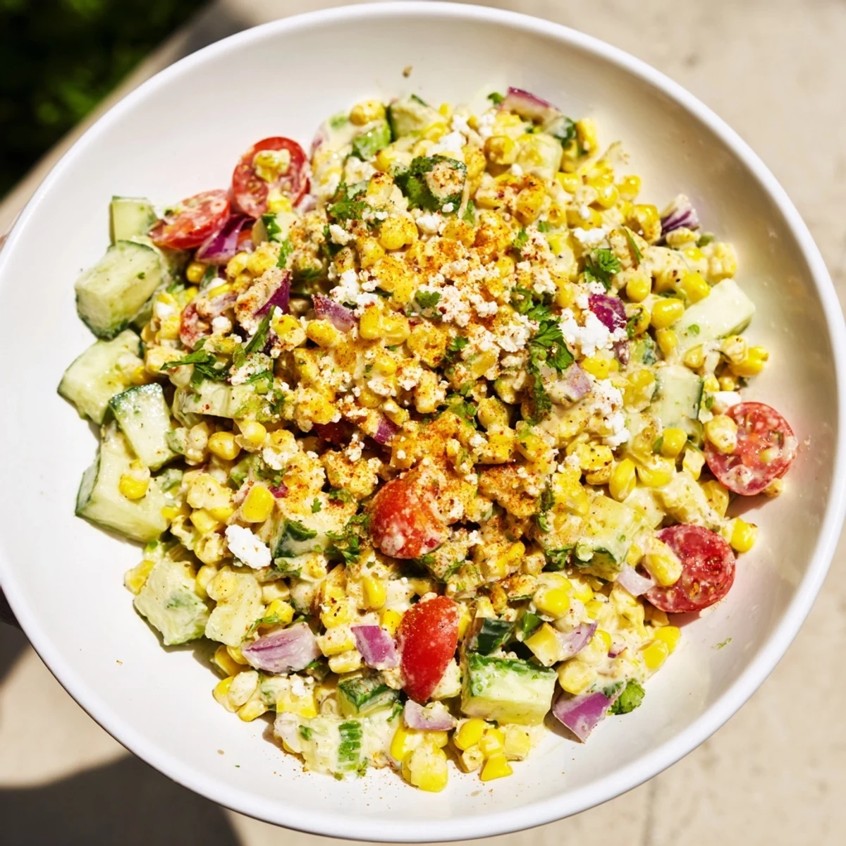 Vibrant bowl of Mexican Street Corn Chopped Salad, showcasing fresh ingredients ready to be served.
