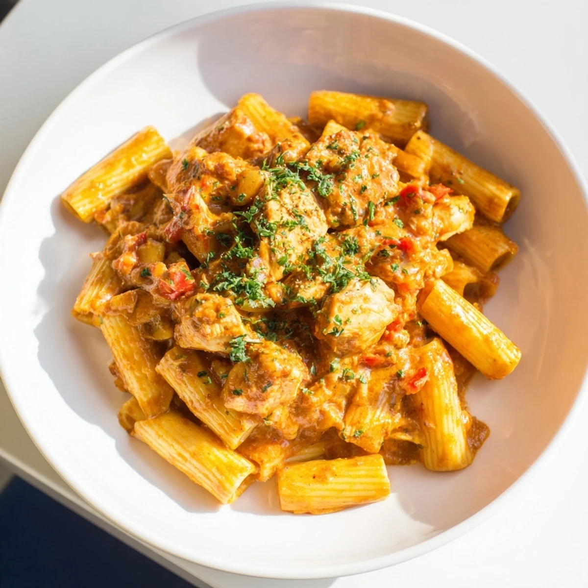 This Creamy Chicken Tikka Masala Pasta presents tender chicken pieces nestled within a creamy, spiced tomato sauce.