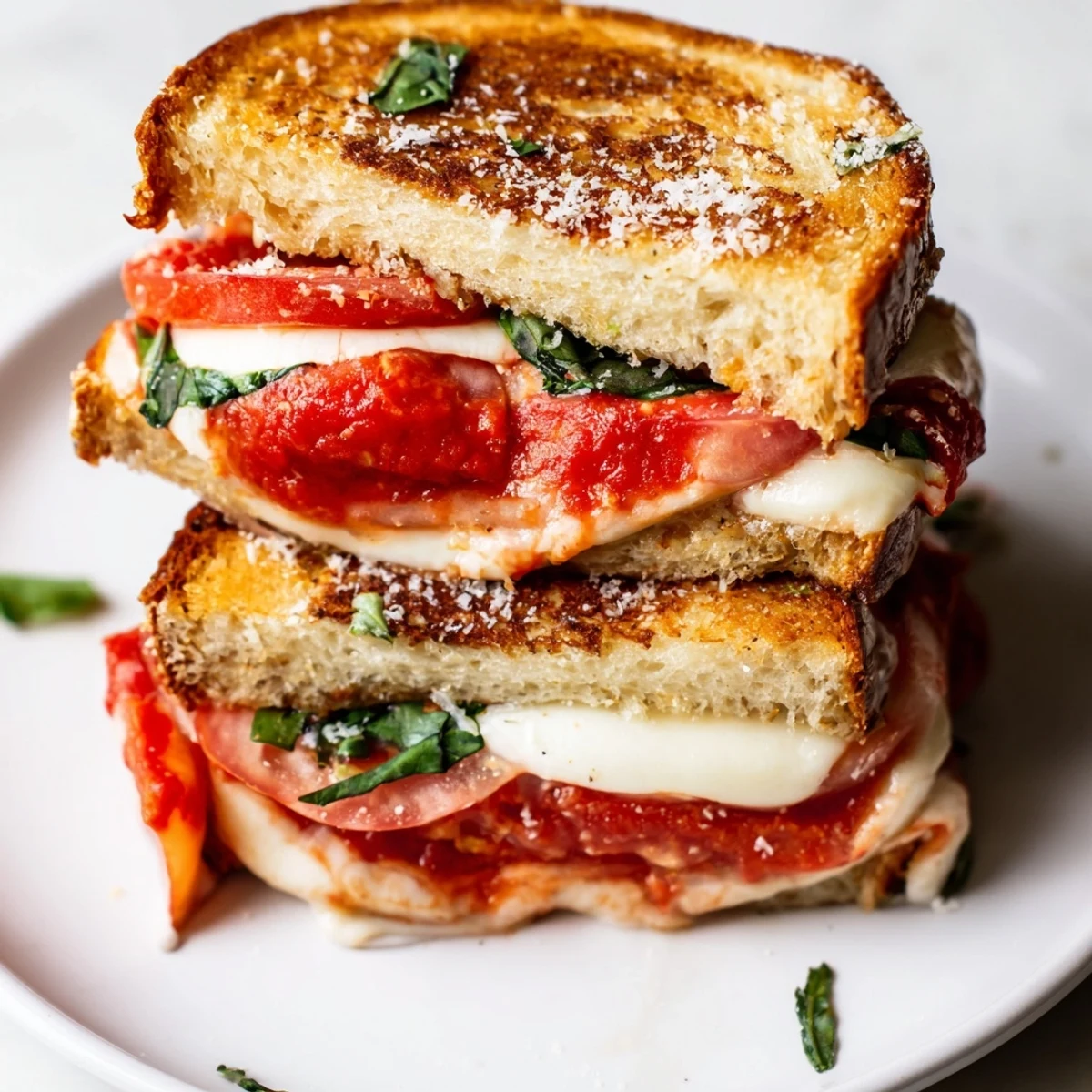 Golden brown Air Fryer Pizza Margherita Grilled Cheese, oozing melted mozzarella and fresh tomato slices.