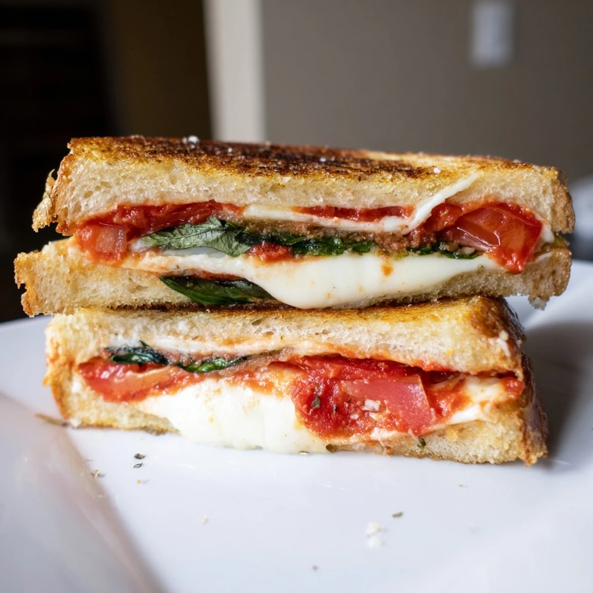Crispy layers of bread encase a flavorful Air Fryer Pizza Margherita Grilled Cheese, a delicious treat.