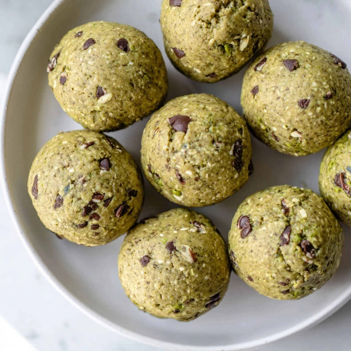 A close-up of Matcha Gingerbread Cookie Dough Protein Bites, showcasing their texture; a delightful protein-packed treat.