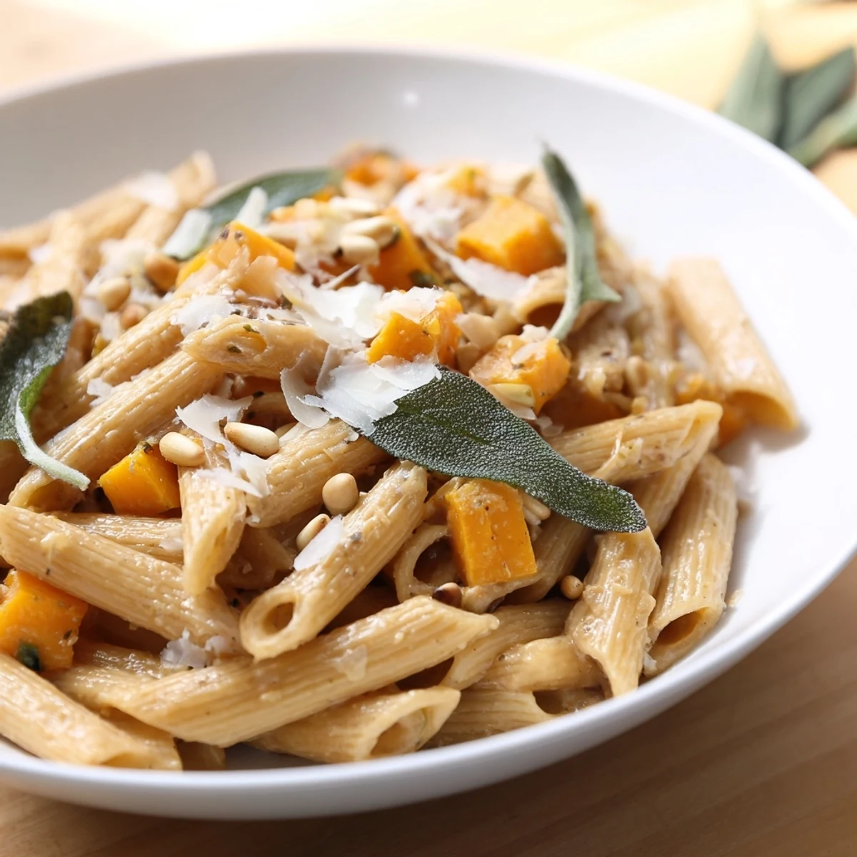 A close-up of creamy butternut squash & sage brown butter pasta; a beautiful Italian-inspired vegetarian dish.