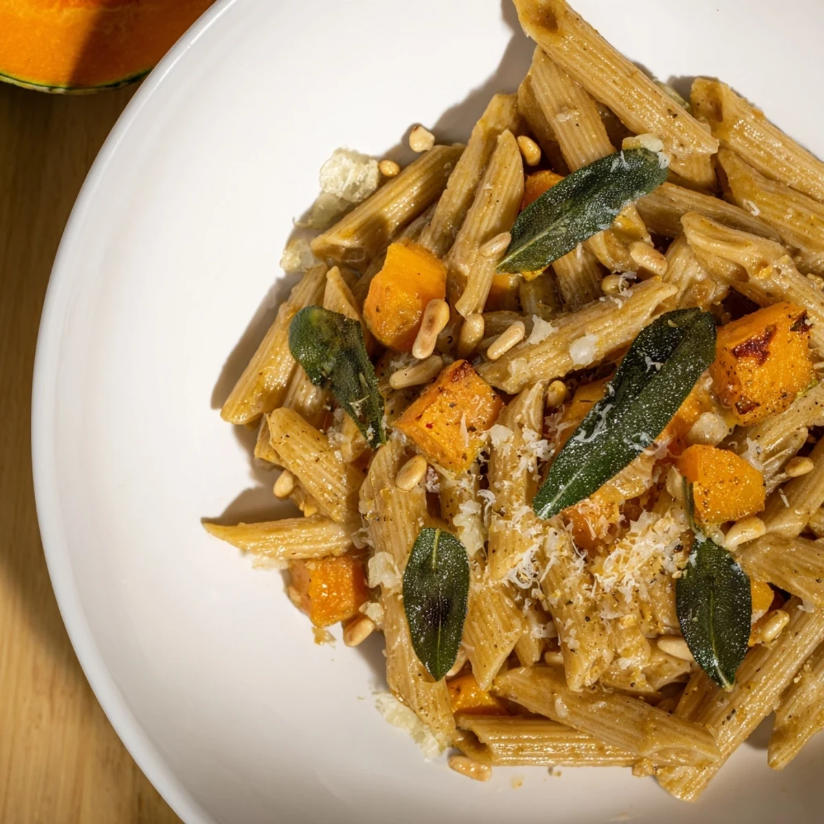 Golden butternut squash & sage brown butter pasta, tossed with whole wheat pasta and Parmesan for a cozy meal.