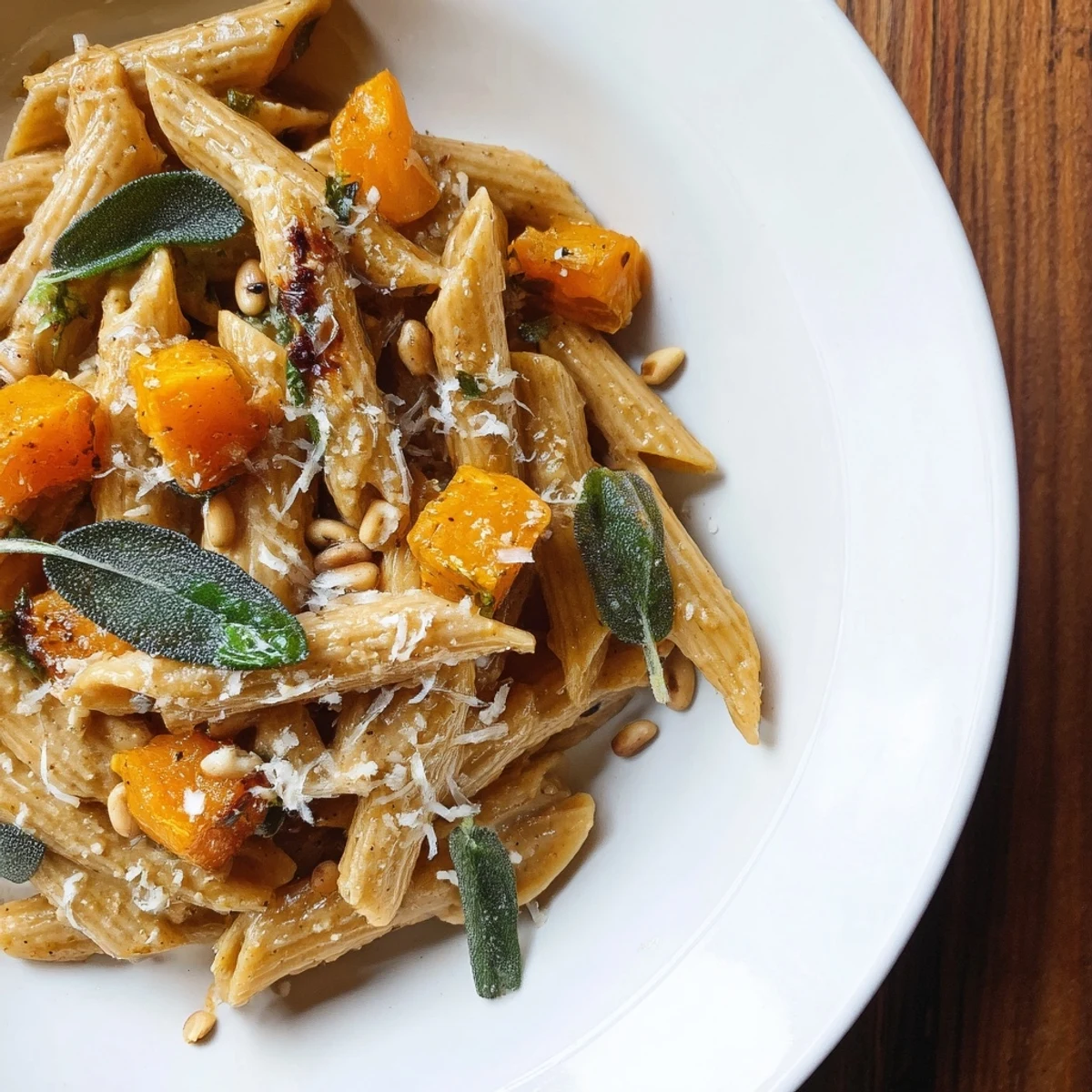 Warm, inviting image: buttery butternut squash & sage brown butter pasta, ready to be enjoyed as a comforting dinner.